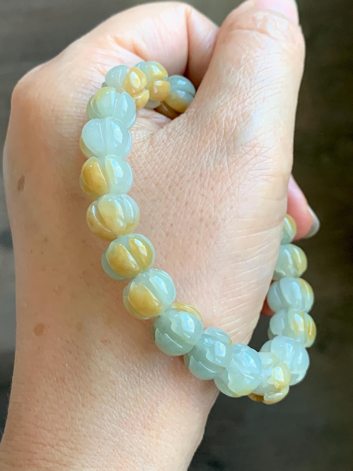 Certified Natural Grade A Icy Translucent Pale Green Yellow Marbled Jade Jadeite Lotus Flower Beads Beaded Bracelet 6.75” 天然冰胶绿加黄翡翠莲花珠手串 957