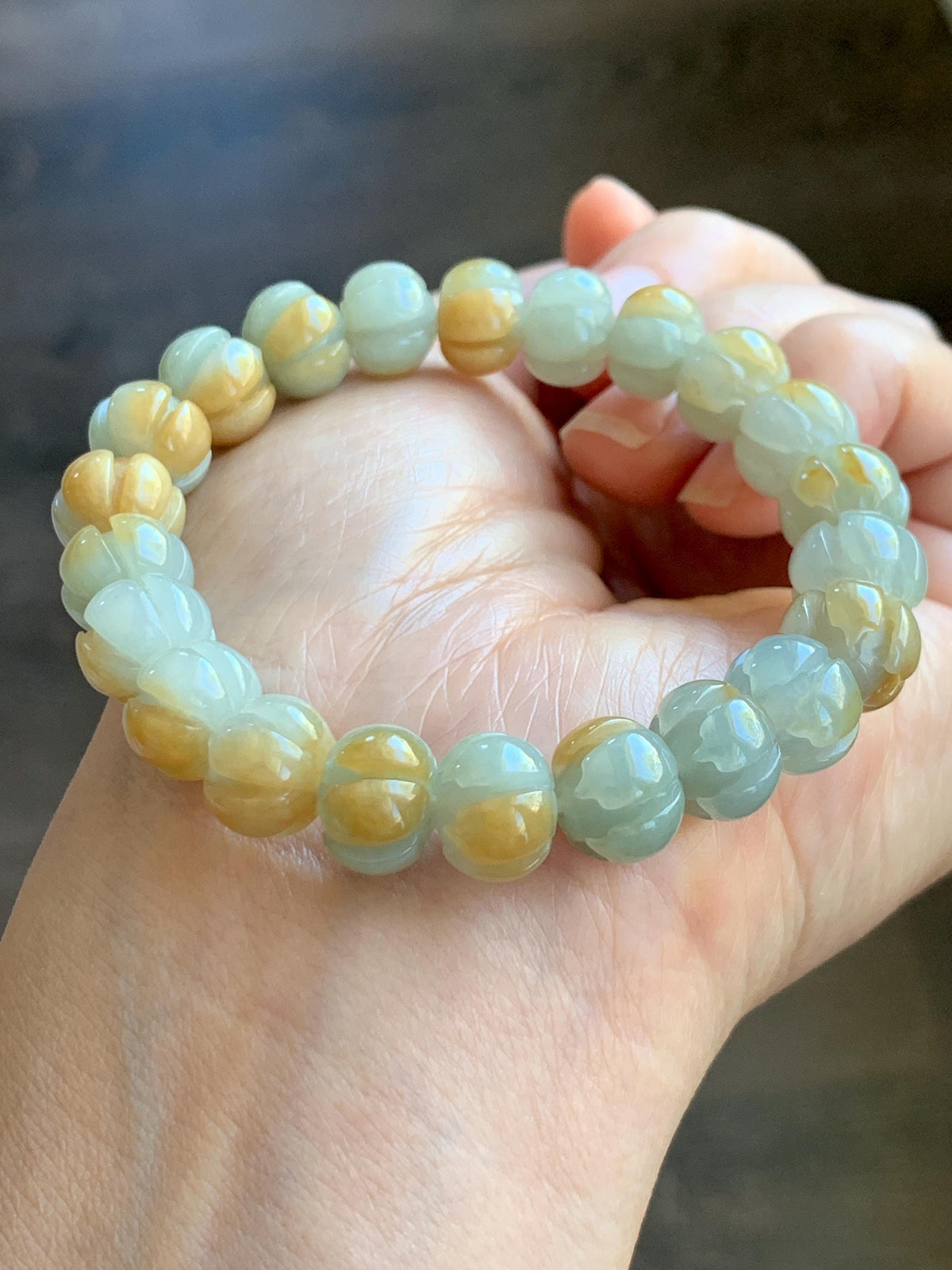Certified Natural Grade A Icy Translucent Pale Green Yellow Marbled Jade Jadeite Lotus Flower Beads Beaded Bracelet 6.75” 天然冰胶绿加黄翡翠莲花珠手串 957