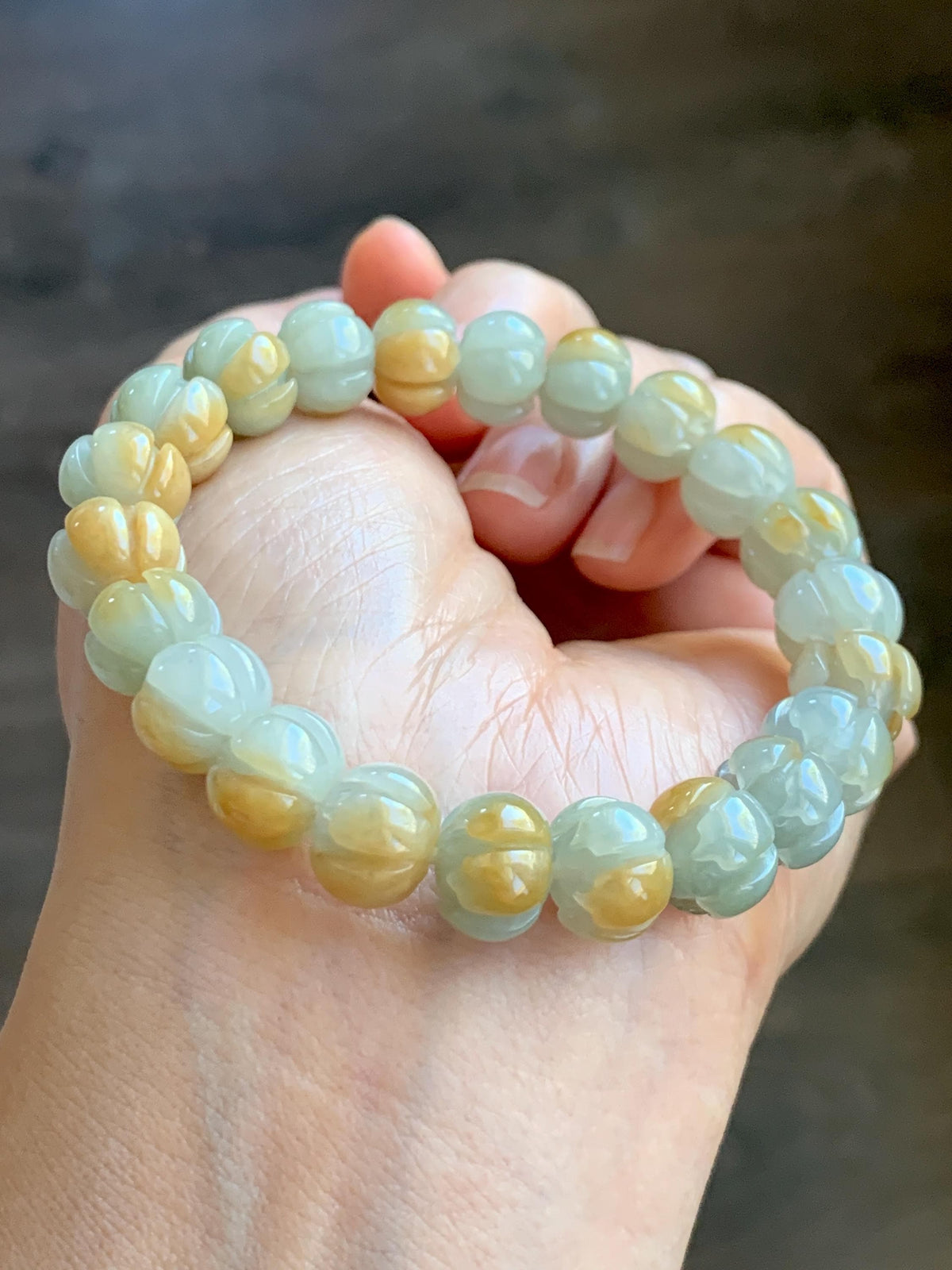 Certified Natural Grade A Icy Translucent Pale Green Yellow Marbled Jade Jadeite Lotus Flower Beads Beaded Bracelet 6.75” 天然冰胶绿加黄翡翠莲花珠手串 957