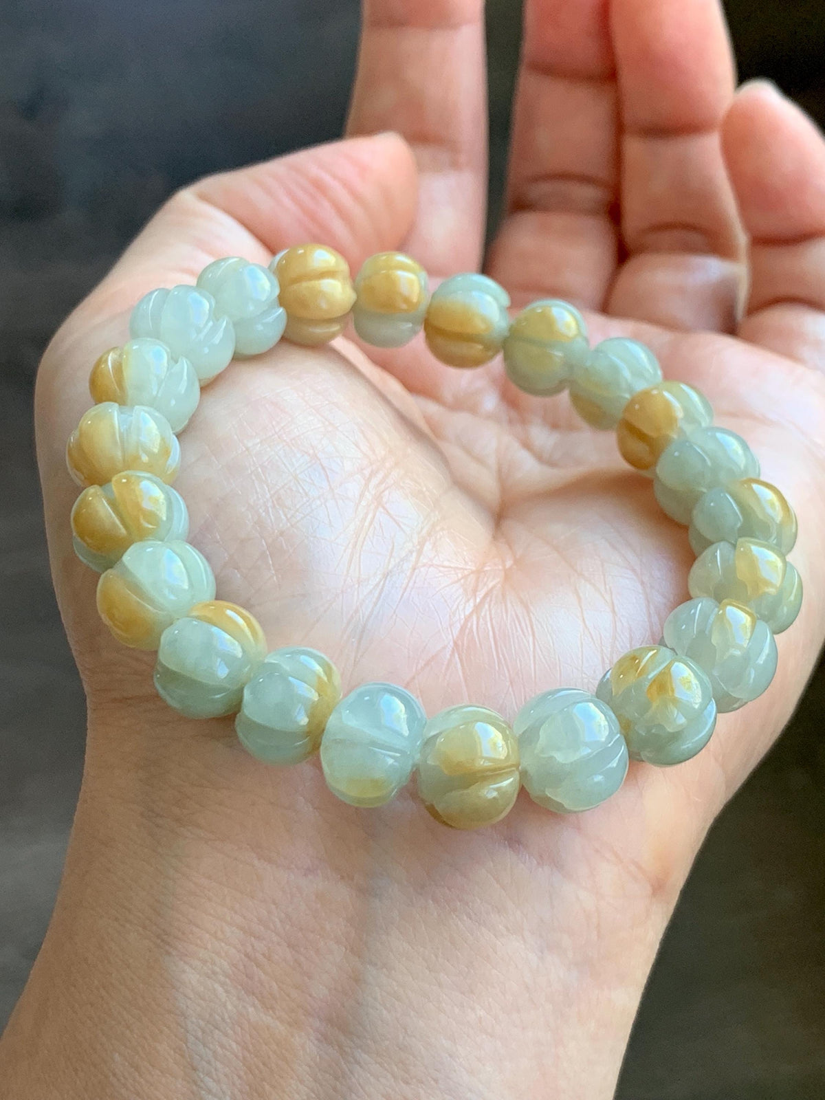 Certified Natural Grade A Icy Translucent Pale Green Yellow Marbled Jade Jadeite Lotus Flower Beads Beaded Bracelet 6.75” 天然冰胶绿加黄翡翠莲花珠手串 957