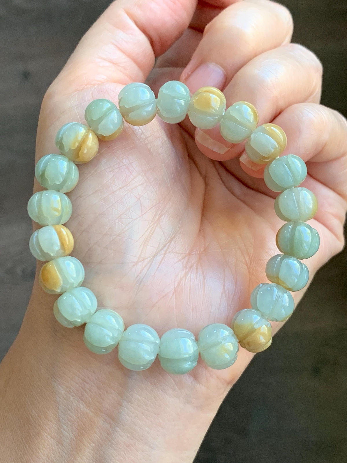 Certified Natural Grade A Icy Translucent Pale Green Yellow Marbled Jade Jadeite Lotus Flower Beads Beaded Bracelet 6.75” 天然冰胶绿加黄翡翠莲花珠手串 957