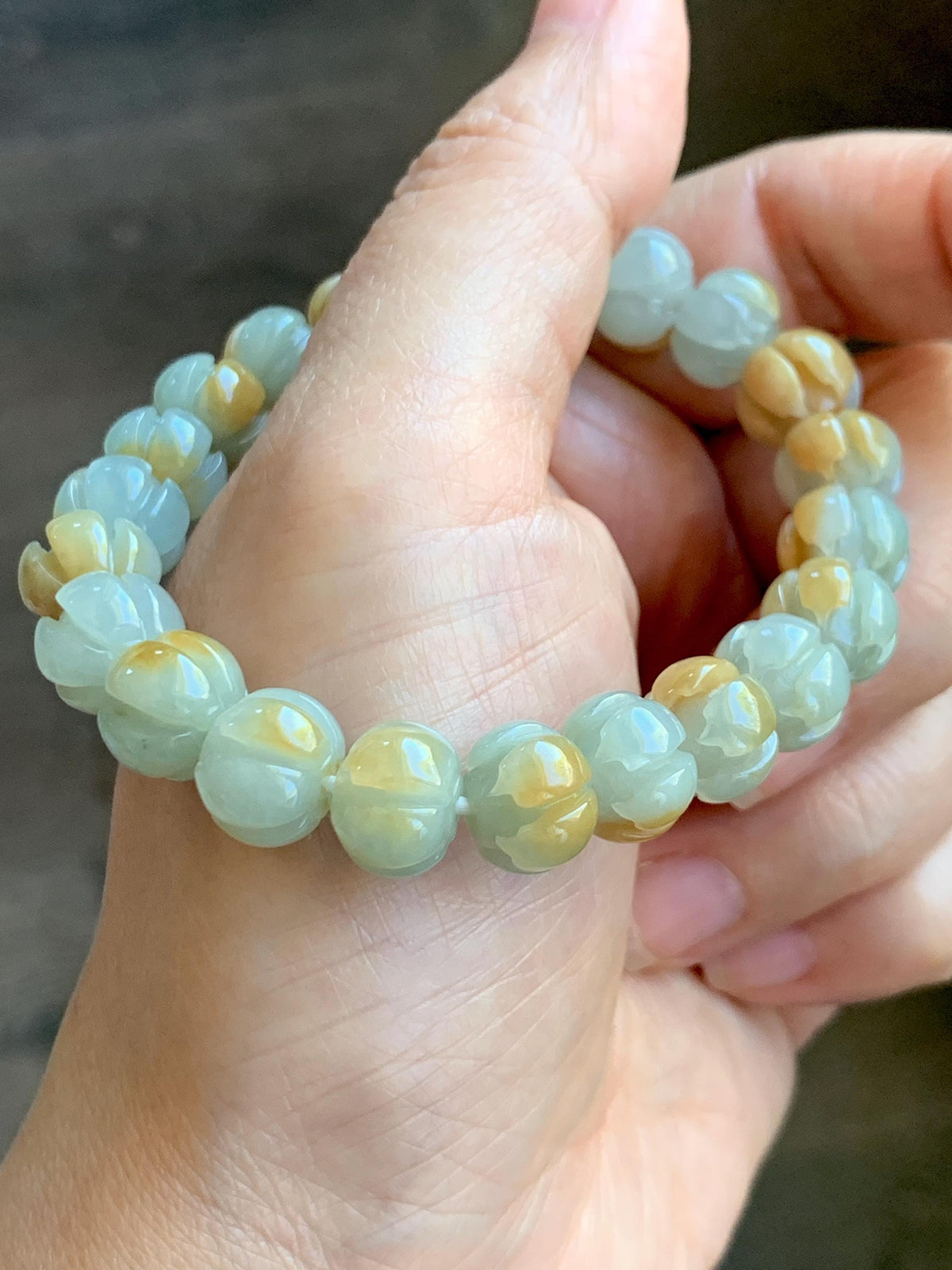 Certified Natural Grade A Icy Translucent Pale Green Yellow Marbled Jade Jadeite Lotus Flower Beads Beaded Bracelet 6.75” 天然冰胶绿加黄翡翠莲花珠手串 957