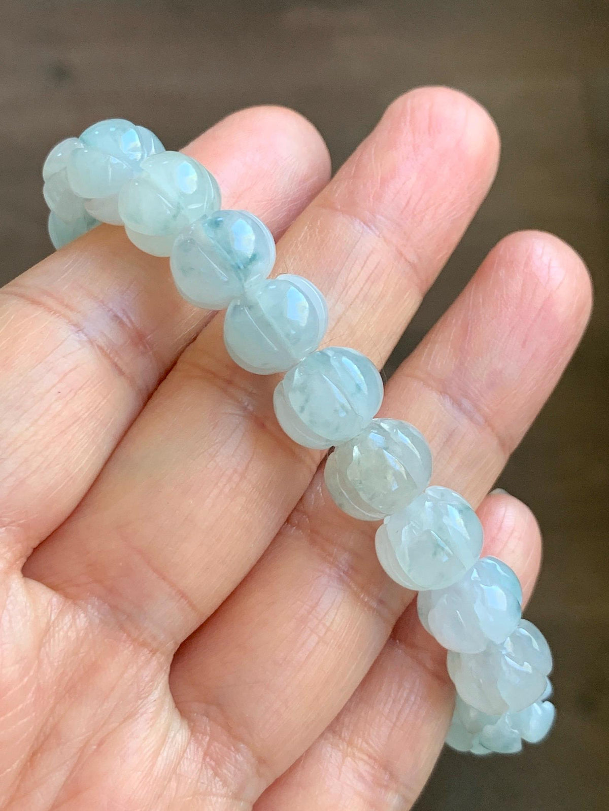 Certified Natural Grade A Icy Translucent White Teal Green Marbled Jade Jadeite Lotus Flower Beads Beaded Bracelet 6.75” 天然冰胶飘花翡翠莲花珠手串 958