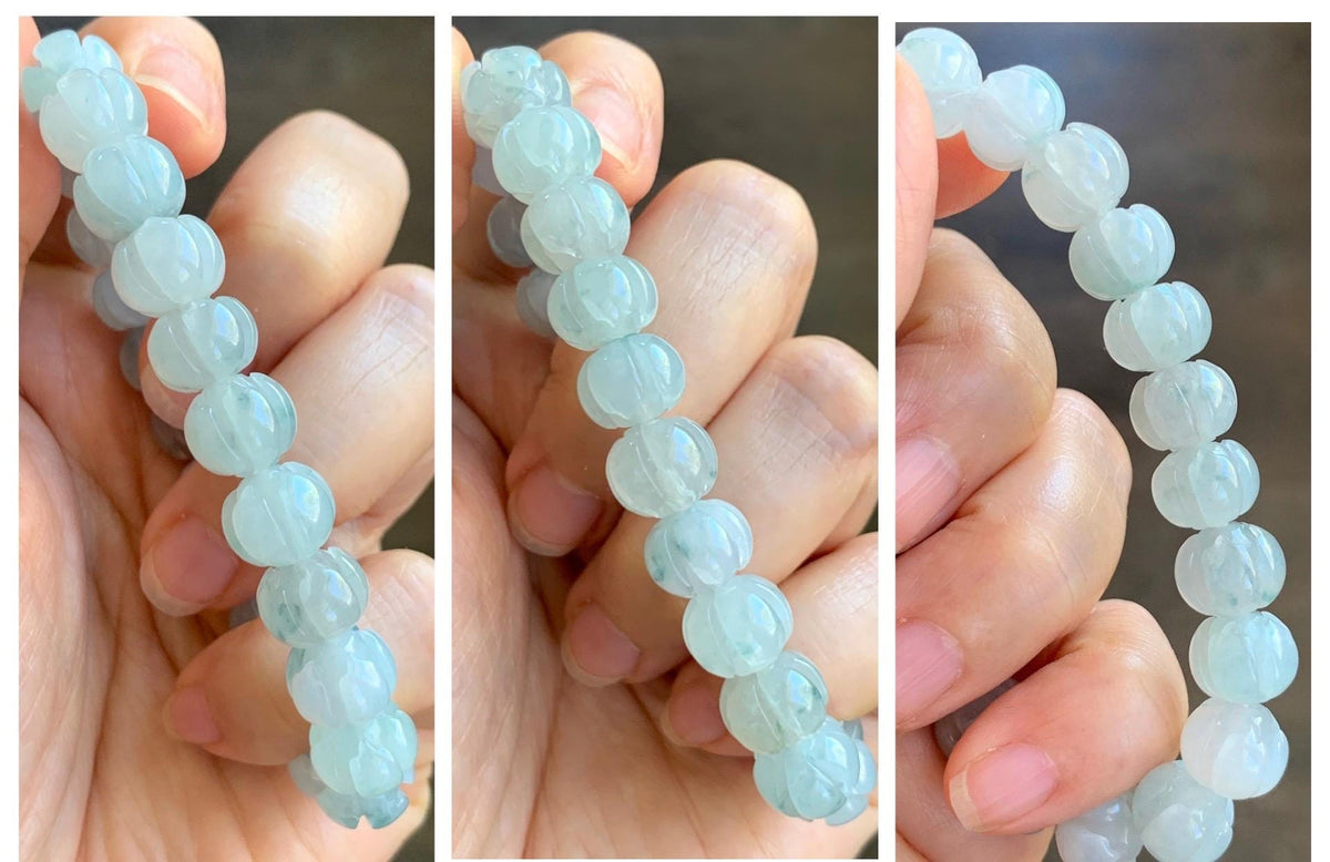 Certified Natural Grade A Icy Translucent White Teal Green Marbled Jade Jadeite Lotus Flower Beads Beaded Bracelet 6.75” 天然冰胶飘花翡翠莲花珠手串 958