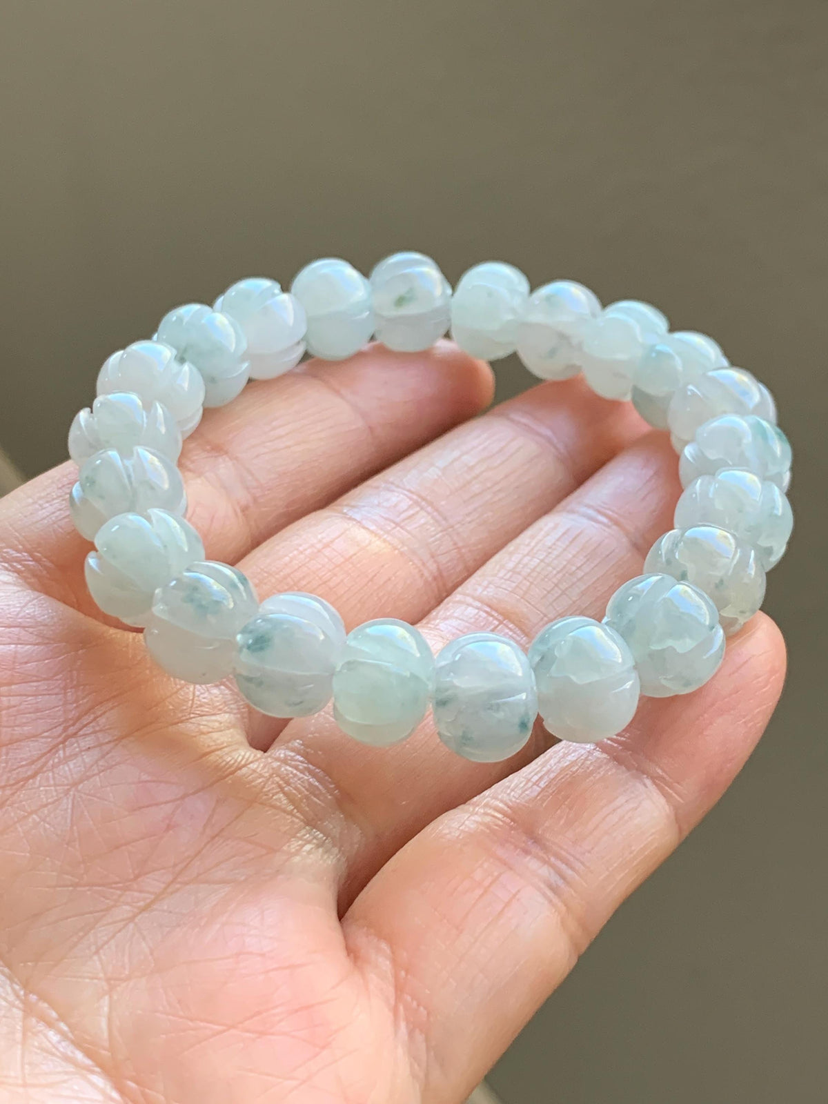 Certified Natural Grade A Icy Translucent White Teal Green Marbled Jade Jadeite Lotus Flower Beads Beaded Bracelet 6.75” 天然冰胶飘花翡翠莲花珠手串 958