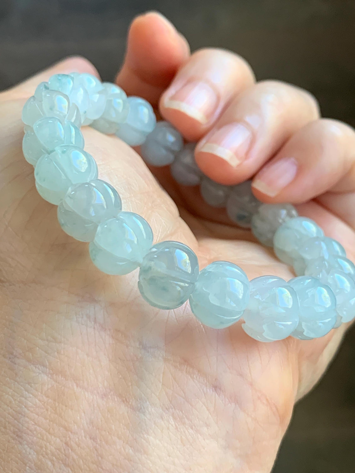 Certified Natural Grade A Icy Translucent White Teal Green Marbled Jade Jadeite Lotus Flower Beads Beaded Bracelet 6.75” 天然冰胶飘花翡翠莲花珠手串 958