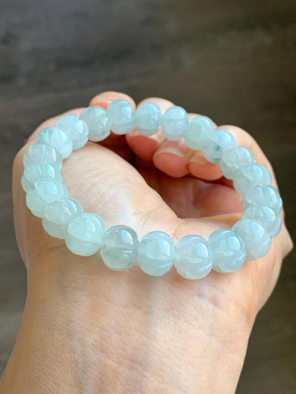 Certified Natural Grade A Icy Translucent White Teal Green Marbled Jade Jadeite Lotus Flower Beads Beaded Bracelet 6.75” 天然冰胶飘花翡翠莲花珠手串 958