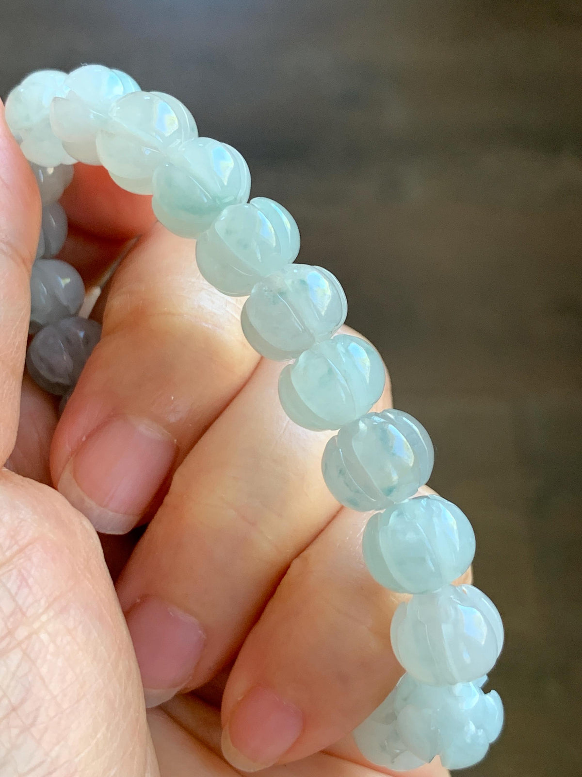 Certified Natural Grade A Icy Translucent White Teal Green Marbled Jade Jadeite Lotus Flower Beads Beaded Bracelet 6.75” 天然冰胶飘花翡翠莲花珠手串 958