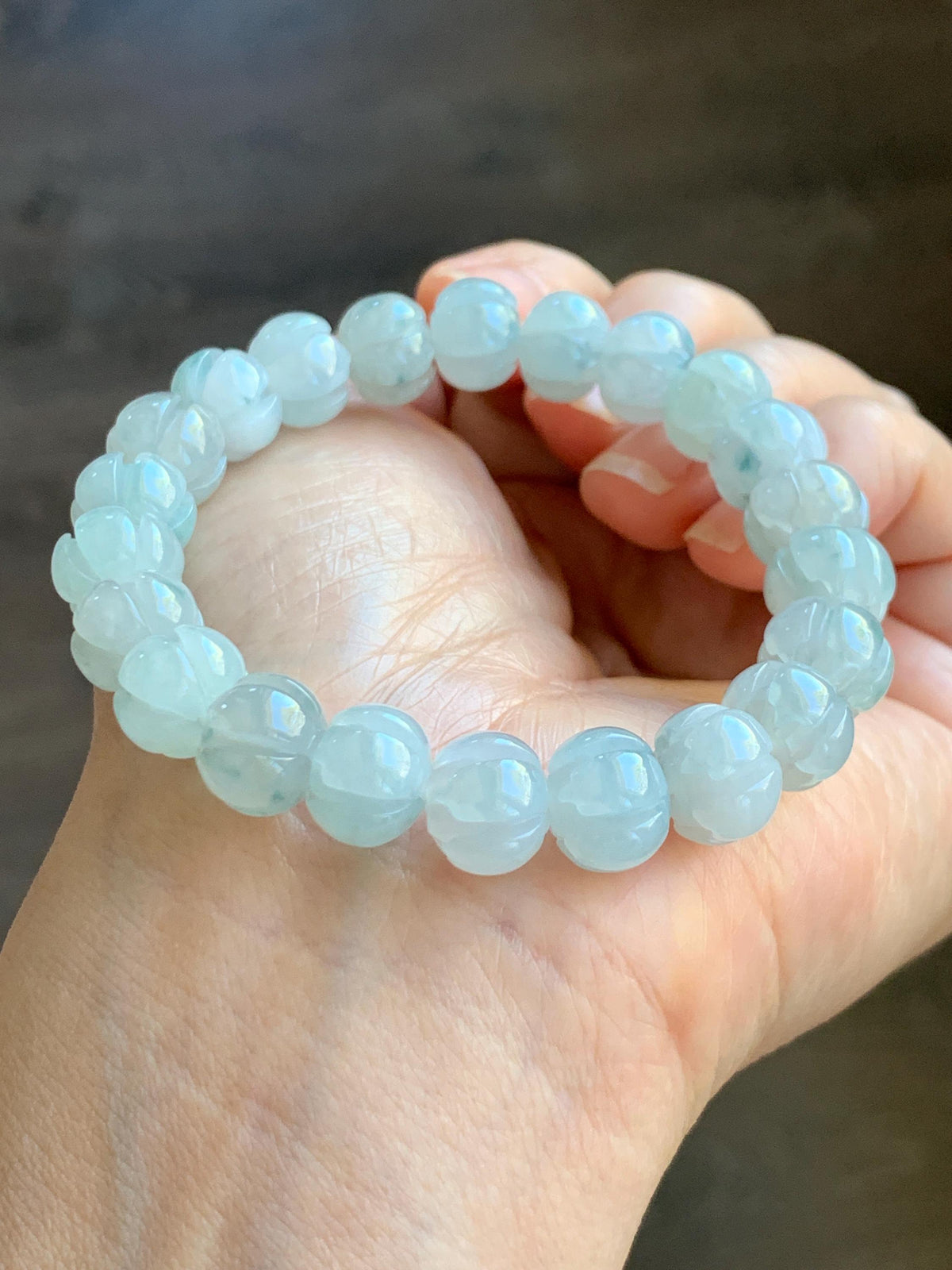 Certified Natural Grade A Icy Translucent White Teal Green Marbled Jade Jadeite Lotus Flower Beads Beaded Bracelet 6.75” 天然冰胶飘花翡翠莲花珠手串 958
