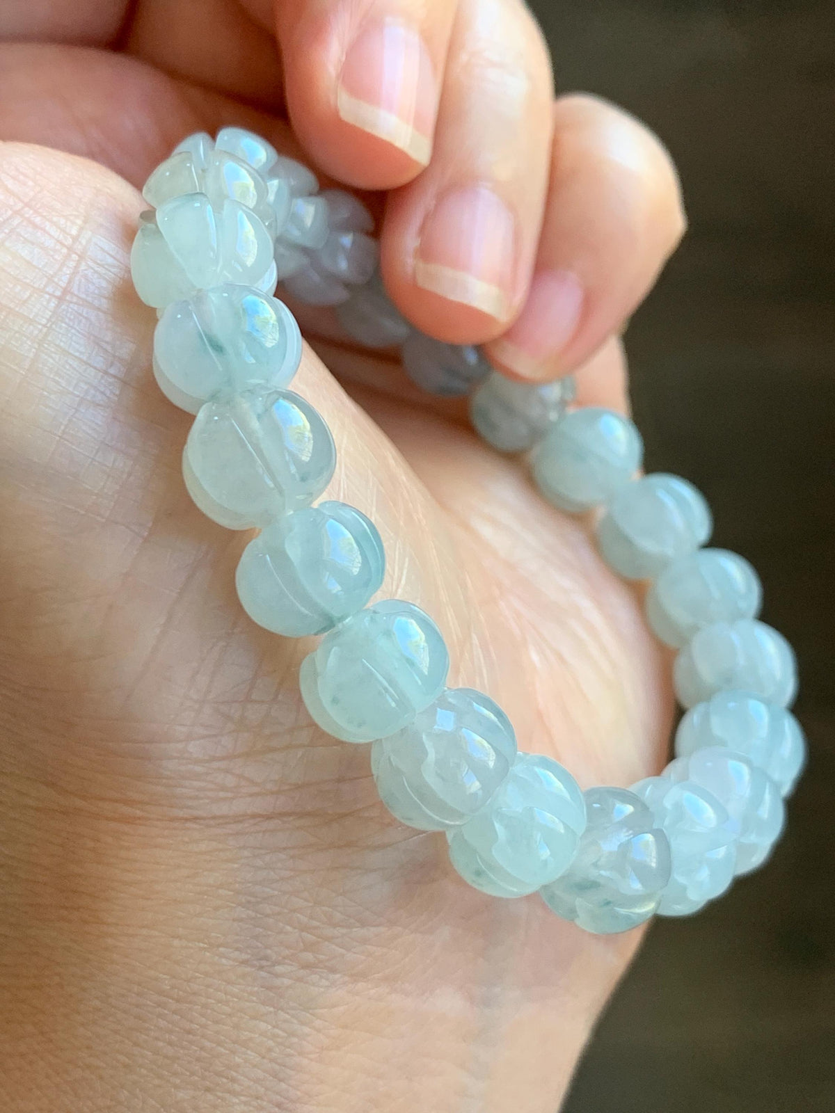 Certified Natural Grade A Icy Translucent White Teal Green Marbled Jade Jadeite Lotus Flower Beads Beaded Bracelet 6.75” 天然冰胶飘花翡翠莲花珠手串 958