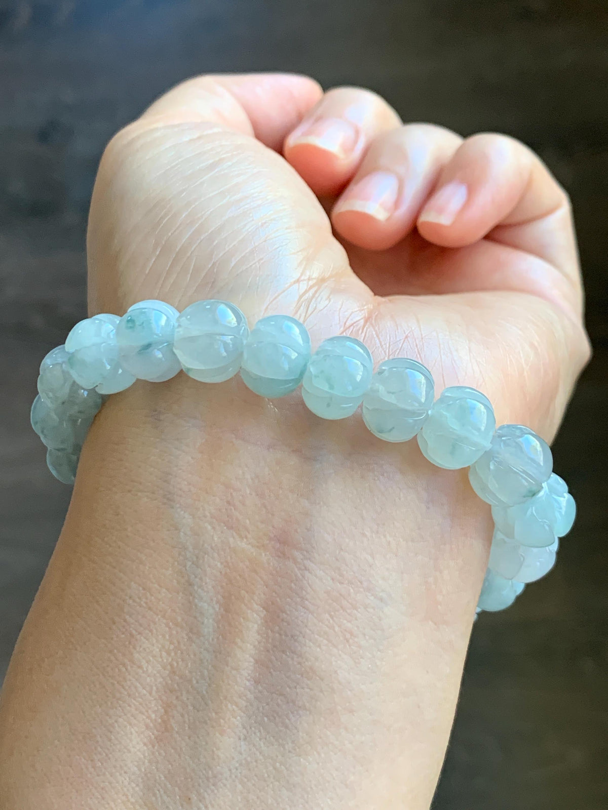 Certified Natural Grade A Icy Translucent White Teal Green Marbled Jade Jadeite Lotus Flower Beads Beaded Bracelet 6.75” 天然冰胶飘花翡翠莲花珠手串 958