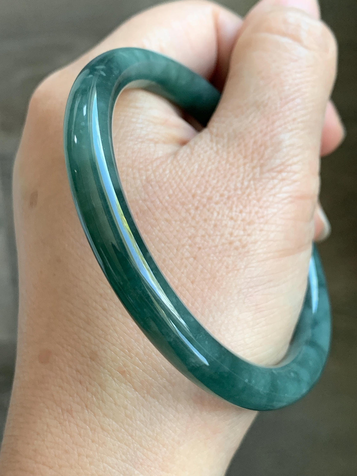 Certified Natural Grade A Guatemalan Icy Translucent Dark Dusty Teal Green Jade Jadeite Bangle Bracelet 59.4mm 7.34” 34g 天然冰危深蓝绿翡翠圆条手镯 976