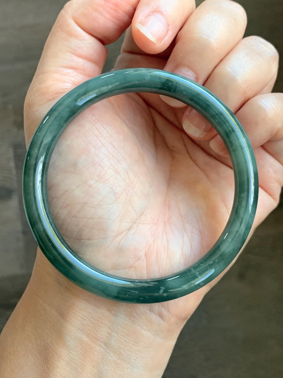 Certified Natural Grade A Guatemalan Icy Translucent Dark Dusty Teal Green Jade Jadeite Bangle Bracelet 59.4mm 7.34” 34g 天然冰危深蓝绿翡翠圆条手镯 976