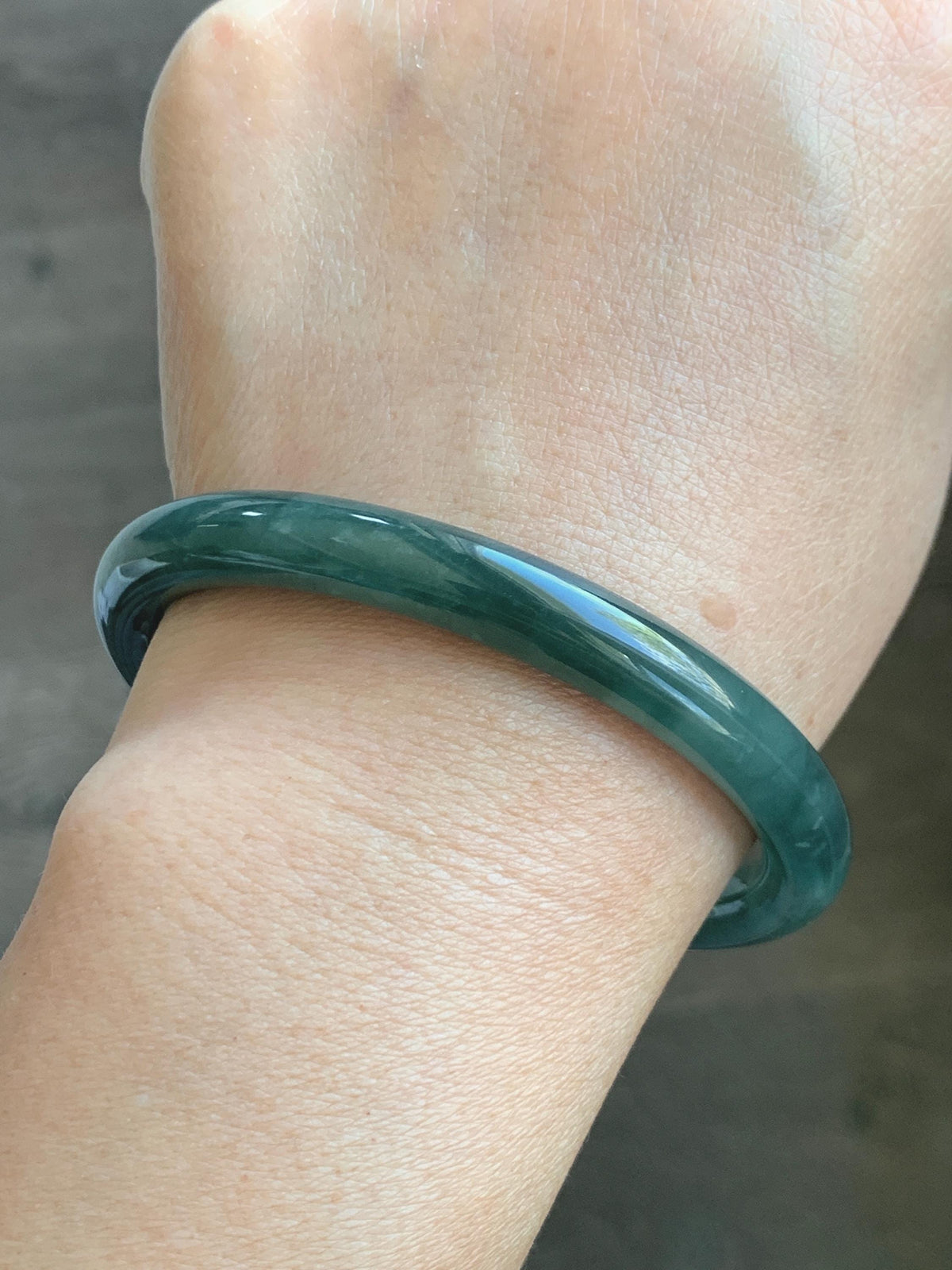 Certified Natural Grade A Guatemalan Icy Translucent Dark Dusty Teal Green Jade Jadeite Bangle Bracelet 59.4mm 7.34” 34g 天然冰危深蓝绿翡翠圆条手镯 976