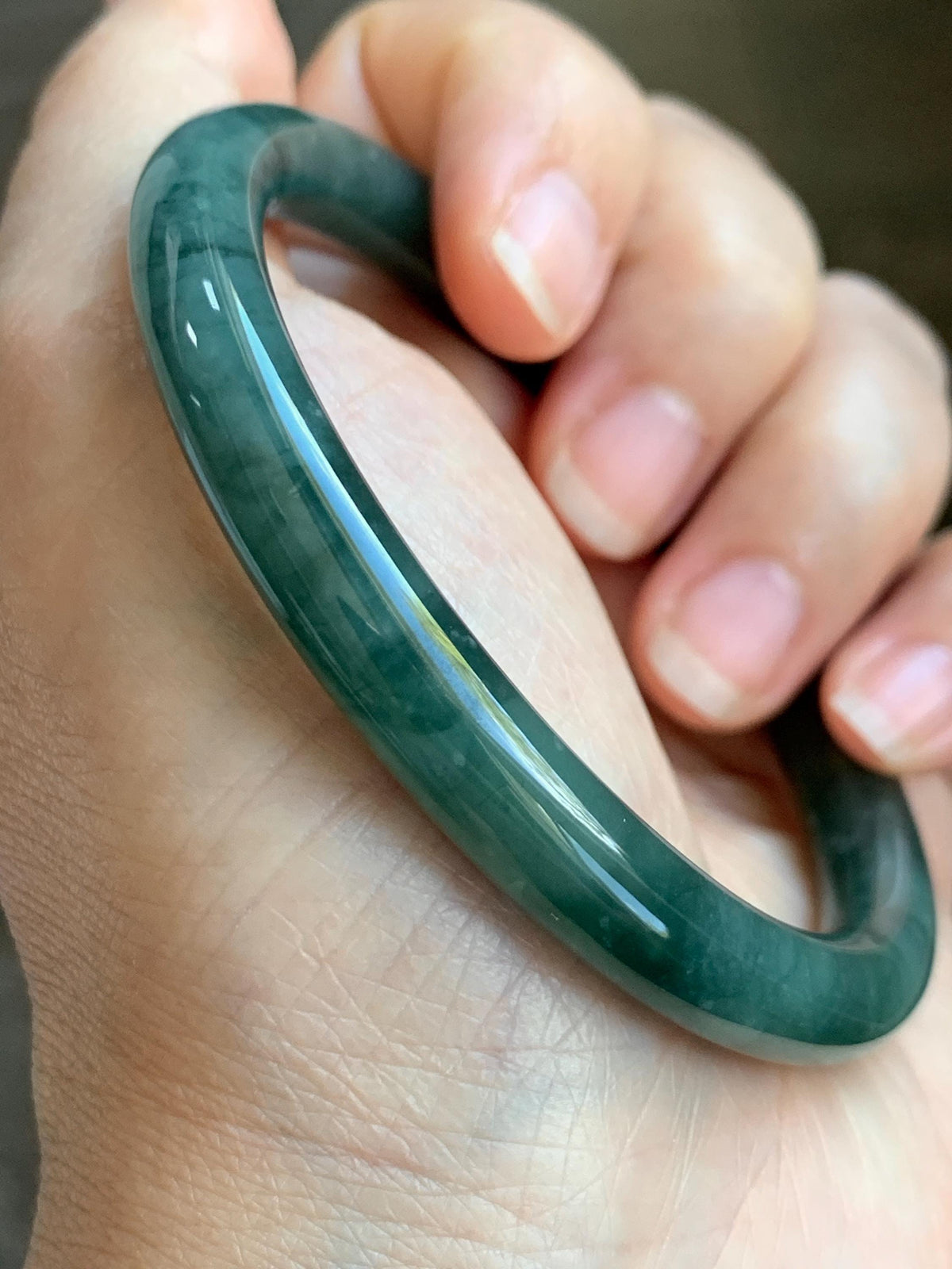 Certified Natural Grade A Guatemalan Icy Translucent Dark Dusty Teal Green Jade Jadeite Bangle Bracelet 59.4mm 7.34” 34g 天然冰危深蓝绿翡翠圆条手镯 976