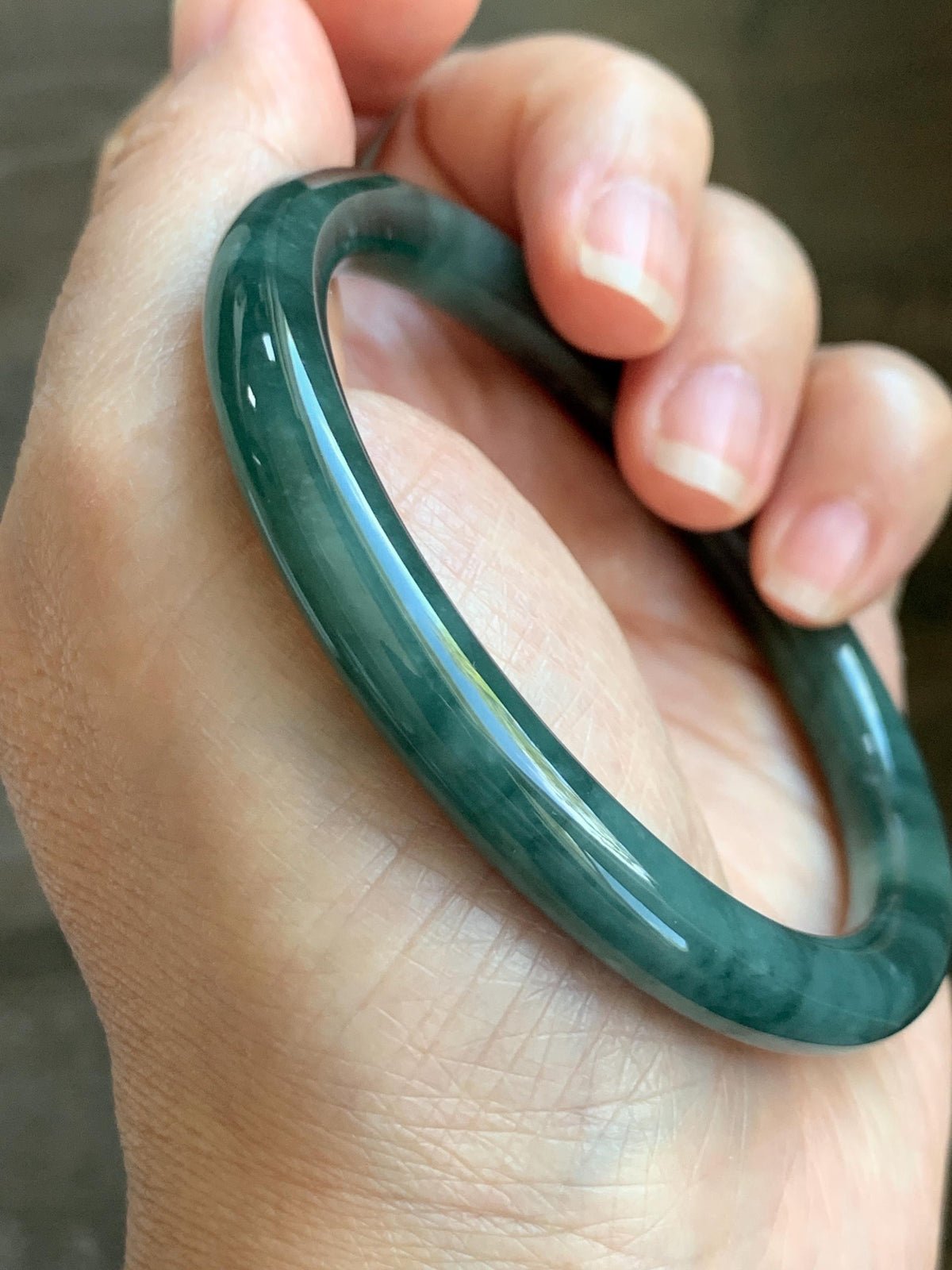 Certified Natural Grade A Guatemalan Icy Translucent Dark Dusty Teal Green Jade Jadeite Bangle Bracelet 59.4mm 7.34” 34g 天然冰危深蓝绿翡翠圆条手镯 976