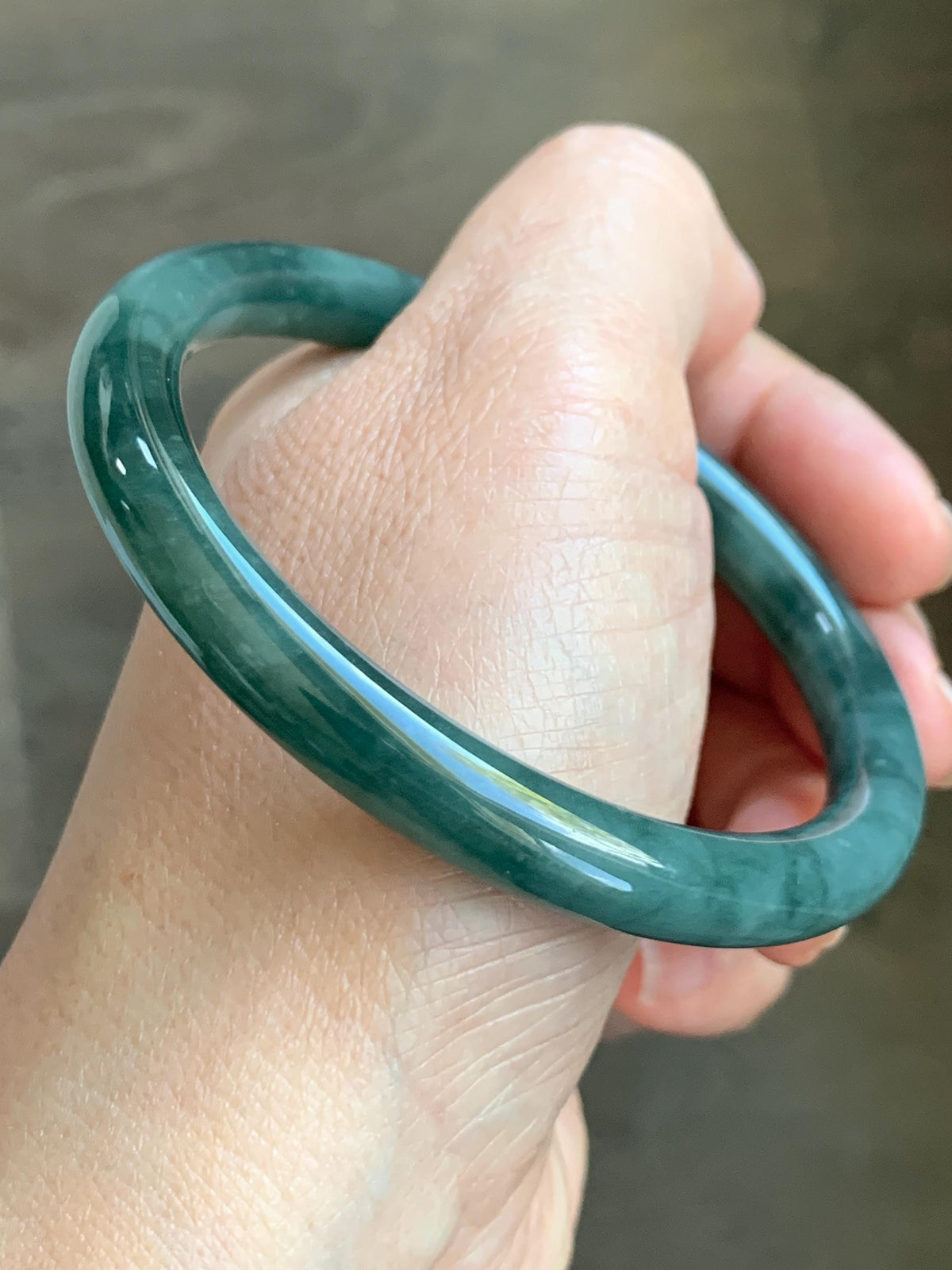 Certified Natural Grade A Guatemalan Icy Translucent Dark Dusty Teal Green Jade Jadeite Bangle Bracelet 59.4mm 7.34” 34g 天然冰危深蓝绿翡翠圆条手镯 976