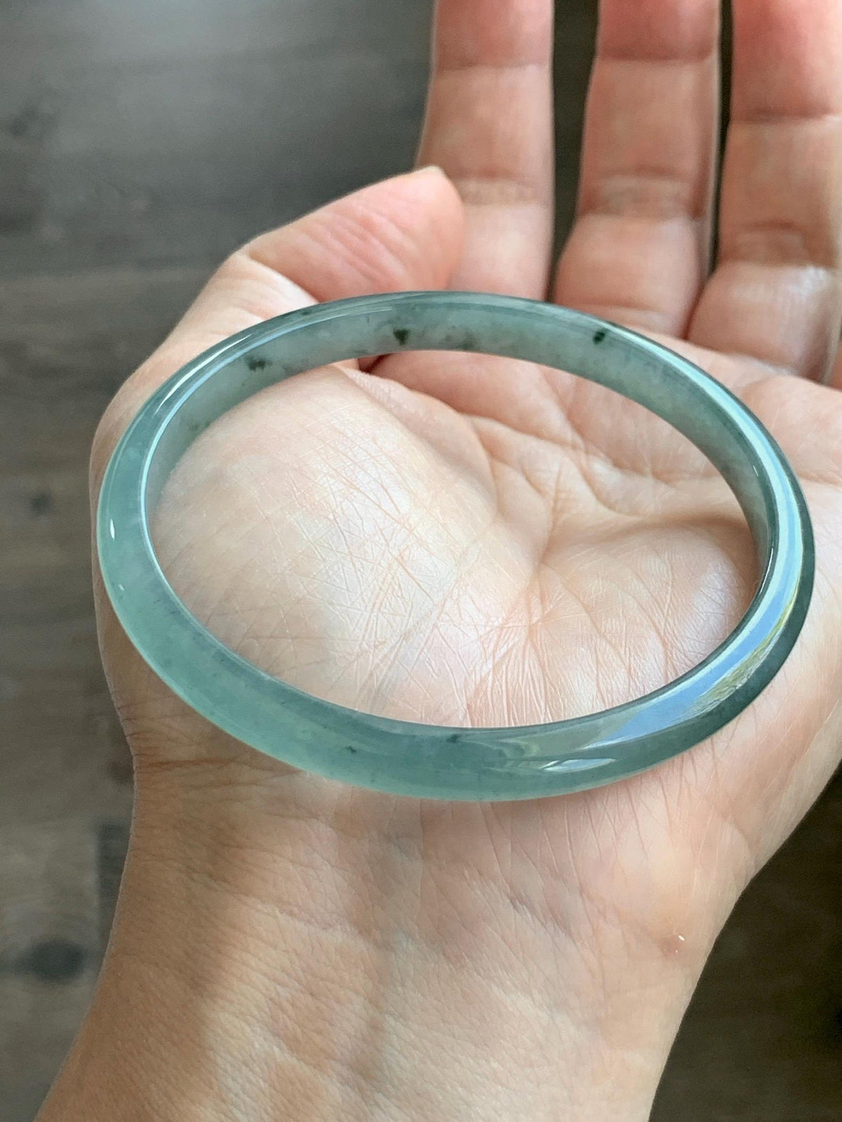 Certified Natural Grade A Guatemalan Icy Translucent Dusty Teal Green Wuji Jade Jadeite Slim Bangle 59.66mm 7.38” 19g 天然冰胶危蓝绿乌鸡翡翠细圆条手镯 952