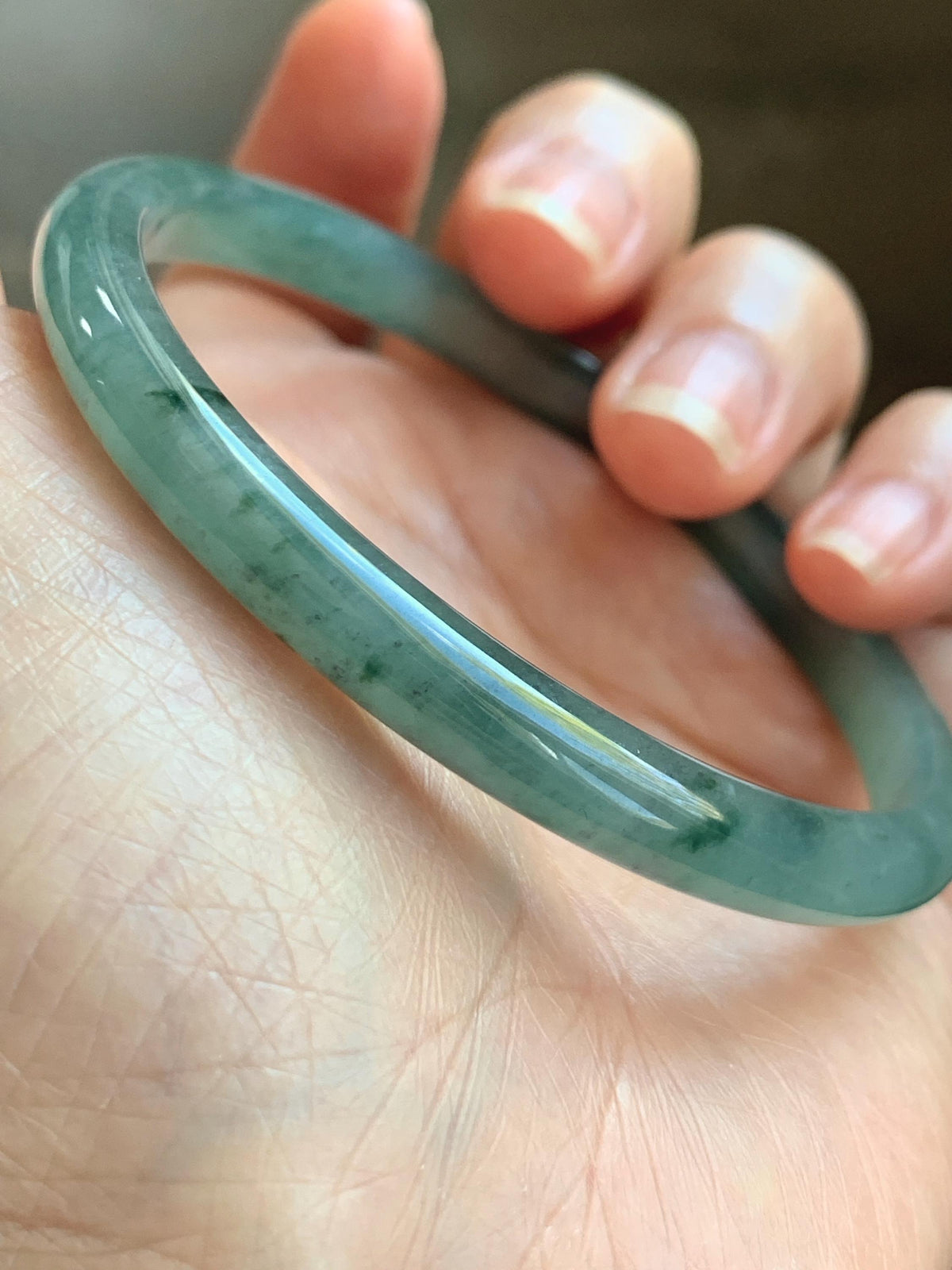 Certified Natural Grade A Guatemalan Icy Translucent Dusty Teal Green Wuji Jade Jadeite Slim Bangle 59.66mm 7.38” 19g 天然冰胶危蓝绿乌鸡翡翠细圆条手镯 952