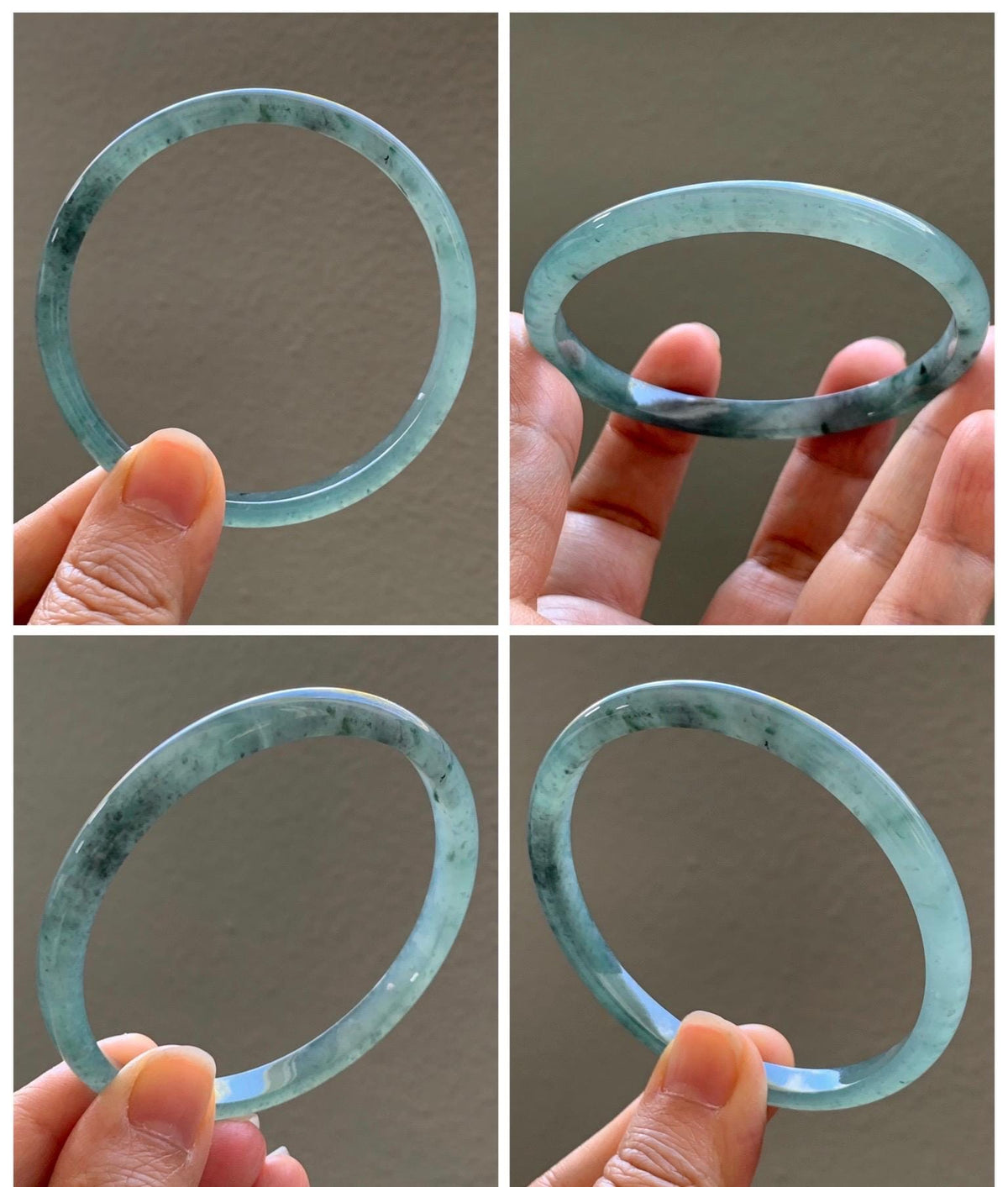 Certified Natural Grade A Guatemalan Icy Translucent Dusty Teal Green Wuji Jade Jadeite Slim Bangle 59.66mm 7.38” 19g 天然冰胶危蓝绿乌鸡翡翠细圆条手镯 952