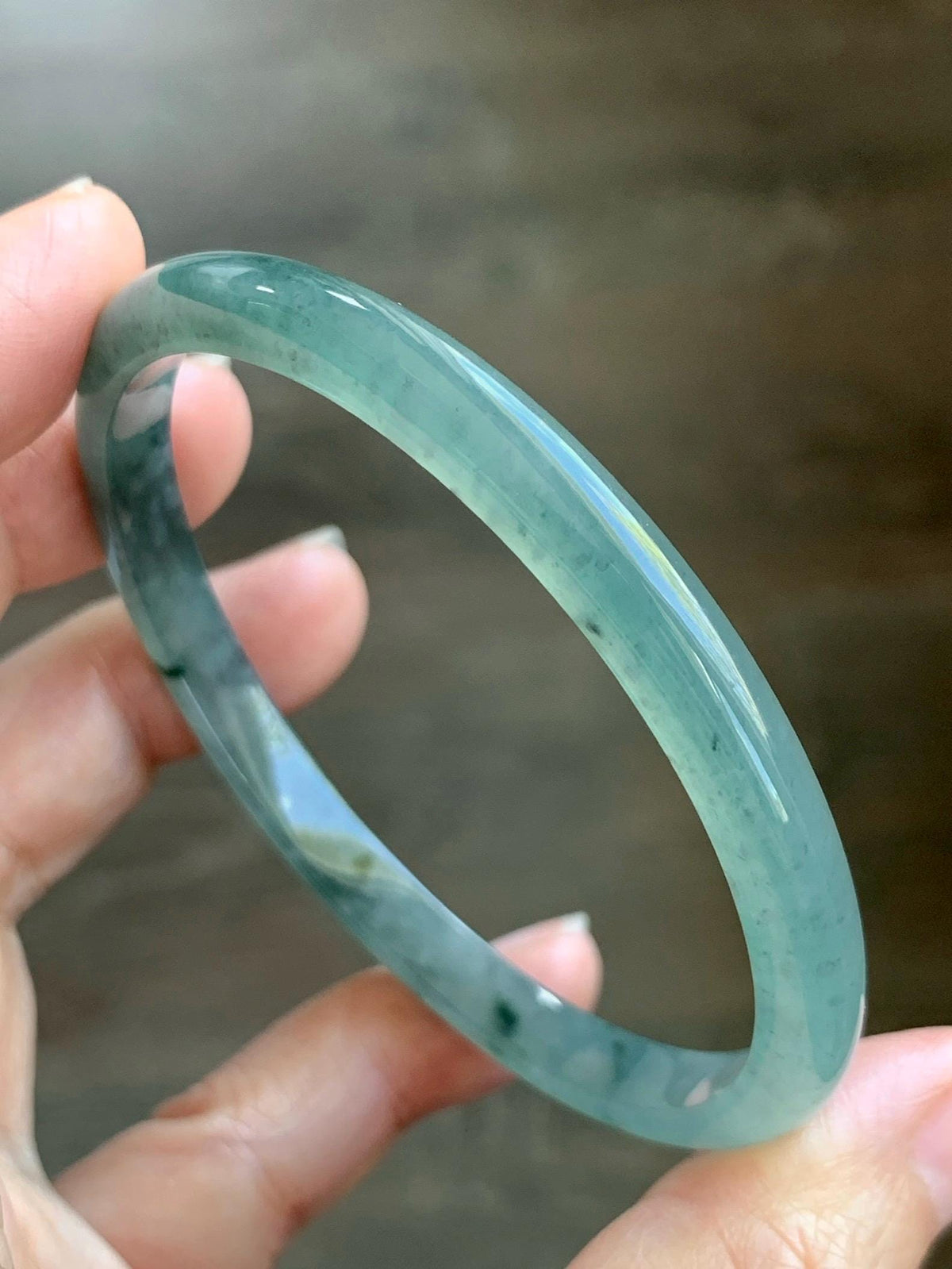 Certified Natural Grade A Guatemalan Icy Translucent Dusty Teal Green Wuji Jade Jadeite Slim Bangle 59.66mm 7.38” 19g 天然冰胶危蓝绿乌鸡翡翠细圆条手镯 952