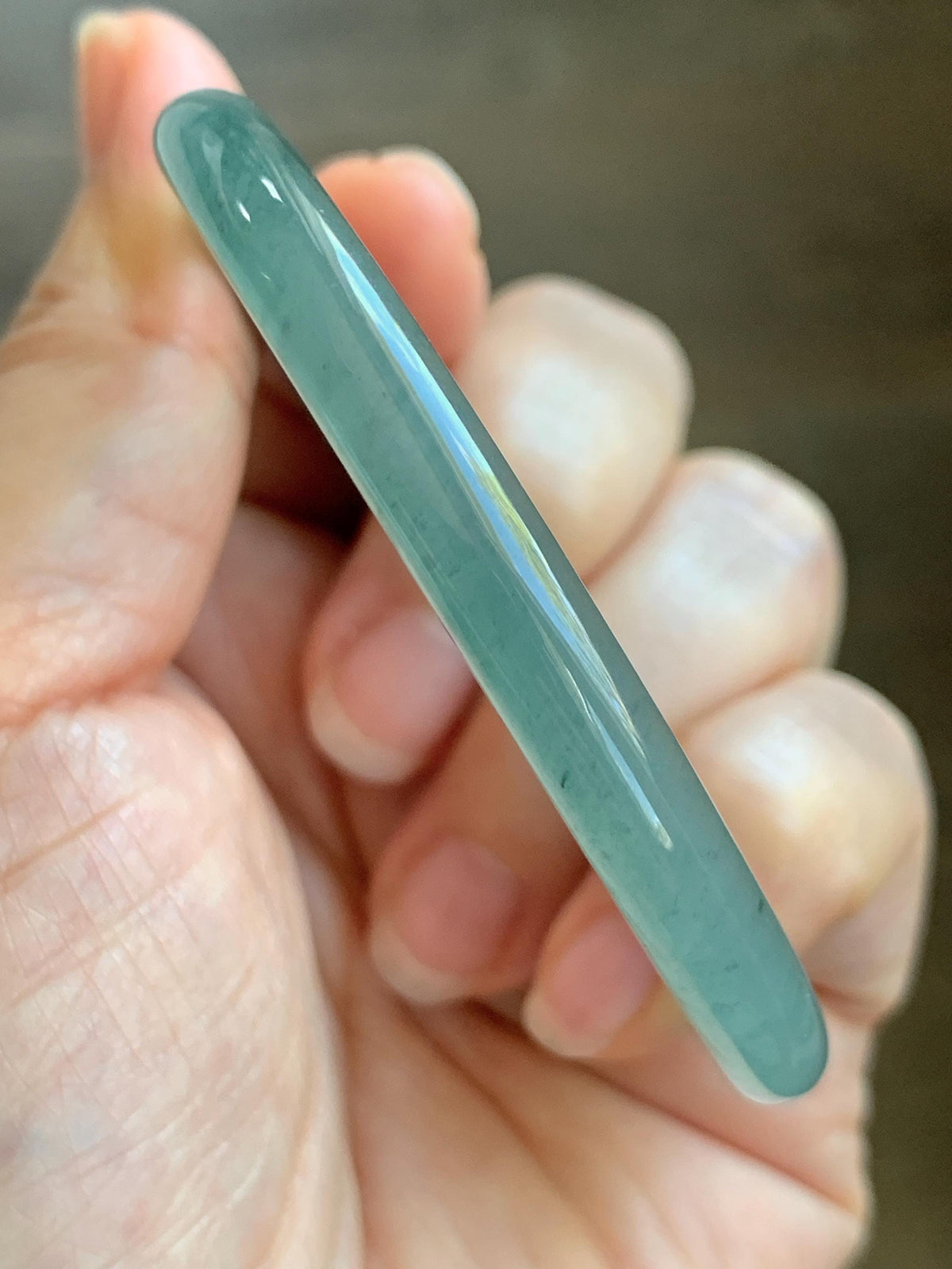 Certified Natural Grade A Guatemalan Icy Translucent Dusty Teal Green Wuji Jade Jadeite Slim Bangle 59.66mm 7.38” 19g 天然冰胶危蓝绿乌鸡翡翠细圆条手镯 952