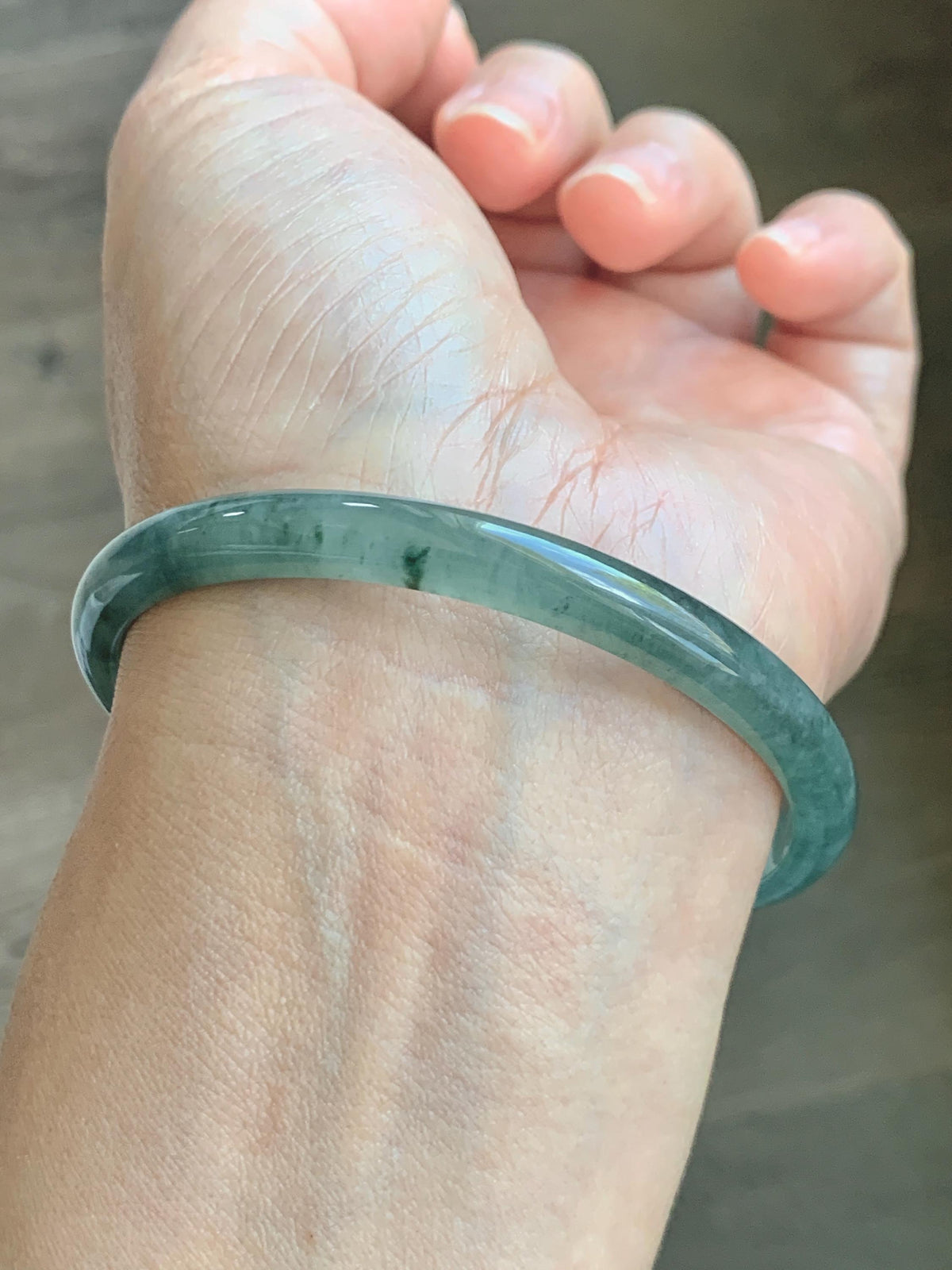 Certified Natural Grade A Guatemalan Icy Translucent Dusty Teal Green Wuji Jade Jadeite Slim Bangle 59.66mm 7.38” 19g 天然冰胶危蓝绿乌鸡翡翠细圆条手镯 952