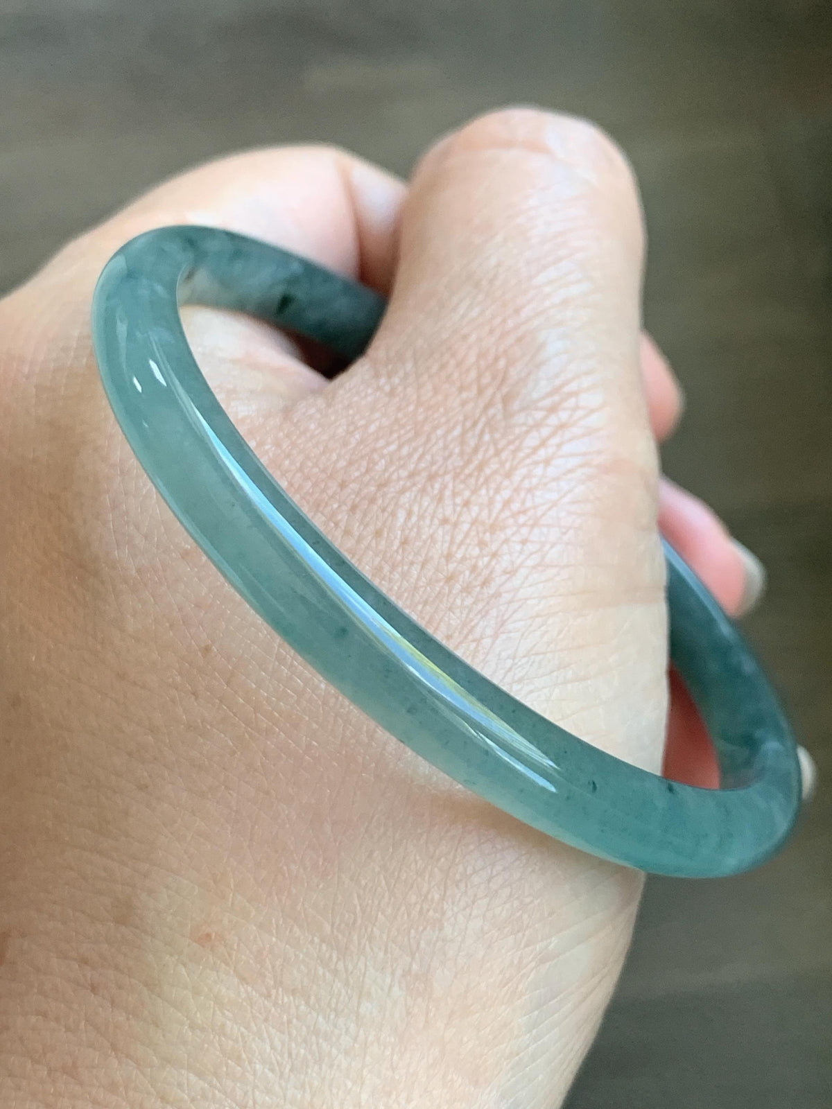Certified Natural Grade A Guatemalan Icy Translucent Dusty Teal Green Wuji Jade Jadeite Slim Bangle 59.66mm 7.38” 19g 天然冰胶危蓝绿乌鸡翡翠细圆条手镯 952