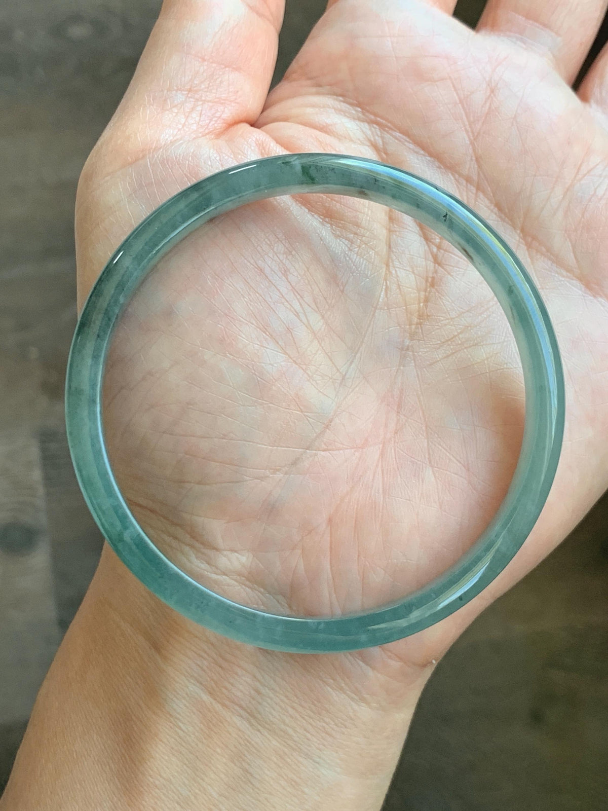 Certified Natural Grade A Guatemalan Icy Translucent Dusty Teal Green Wuji Jade Jadeite Slim Bangle 59.66mm 7.38” 19g 天然冰胶危蓝绿乌鸡翡翠细圆条手镯 952