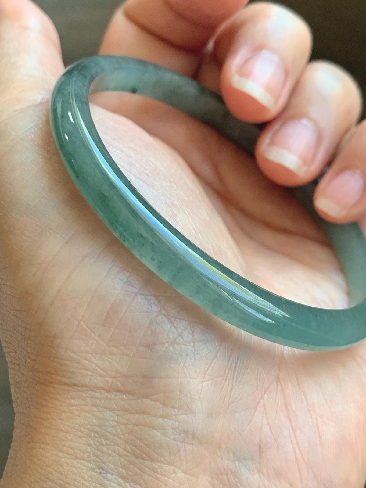 Certified Natural Grade A Guatemalan Icy Translucent Dusty Teal Green Wuji Jade Jadeite Slim Bangle 59.66mm 7.38” 19g 天然冰胶危蓝绿乌鸡翡翠细圆条手镯 952