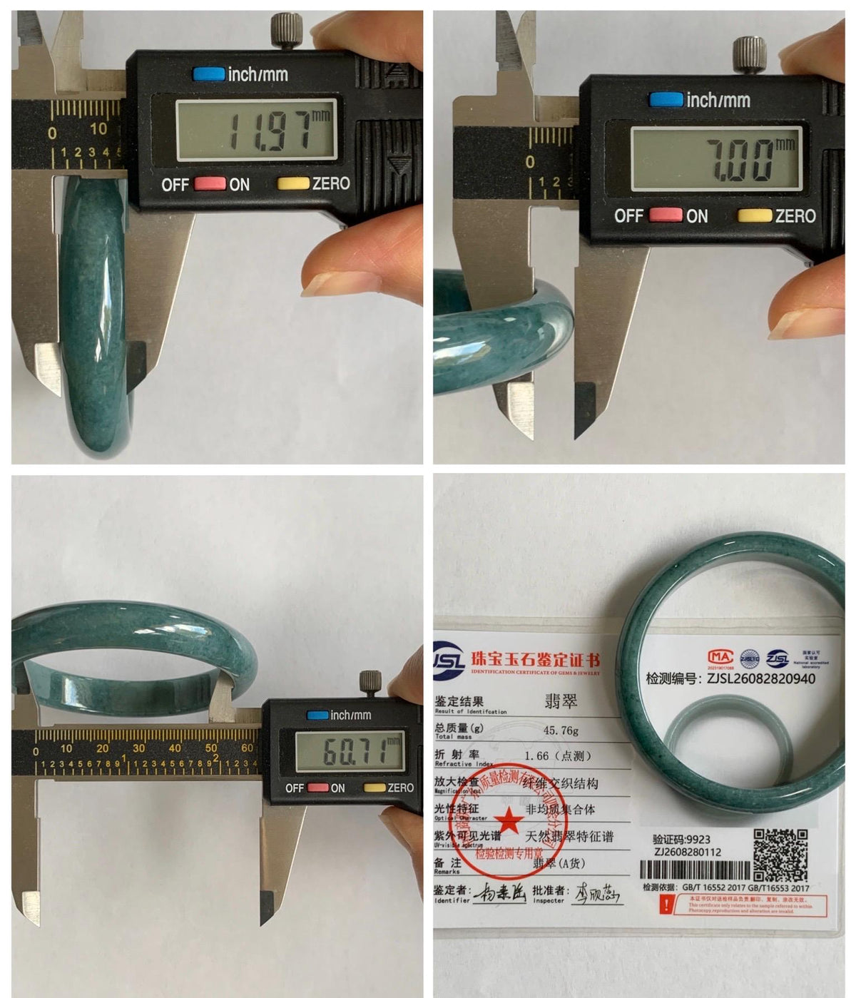 Certified Natural Grade A Guatemalan Icy Translucent Dusty Teal Blue Jade Jadeite Wide Bangle Bracelet 60.7mm 7.5" 46g 天然危蓝糯种翡翠正圈手镯 940