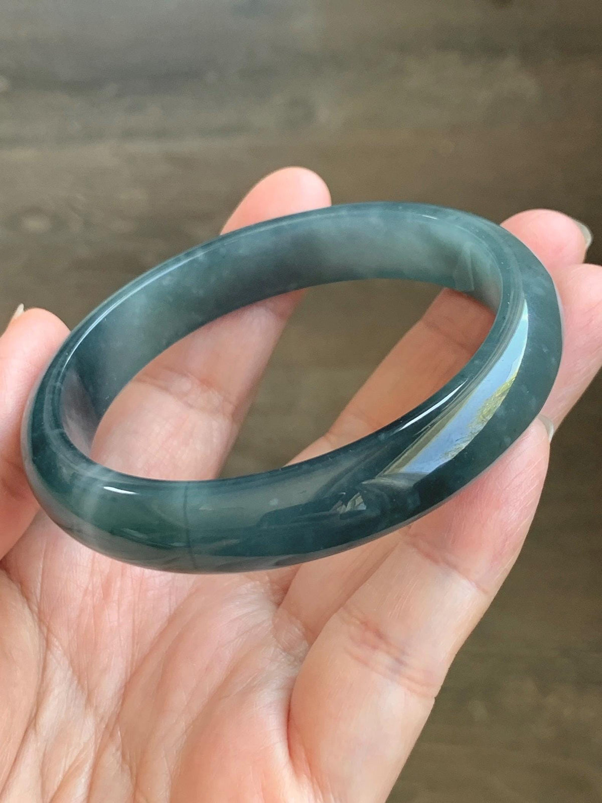 Certified Natural Grade A Guatemalan Icy Translucent Dark Dusty Aegean Blue Jade Jadeite Wide Bangle 58.58mm 7.24” 47g 天然冰危深蓝翡翠正圈宽版手镯 984