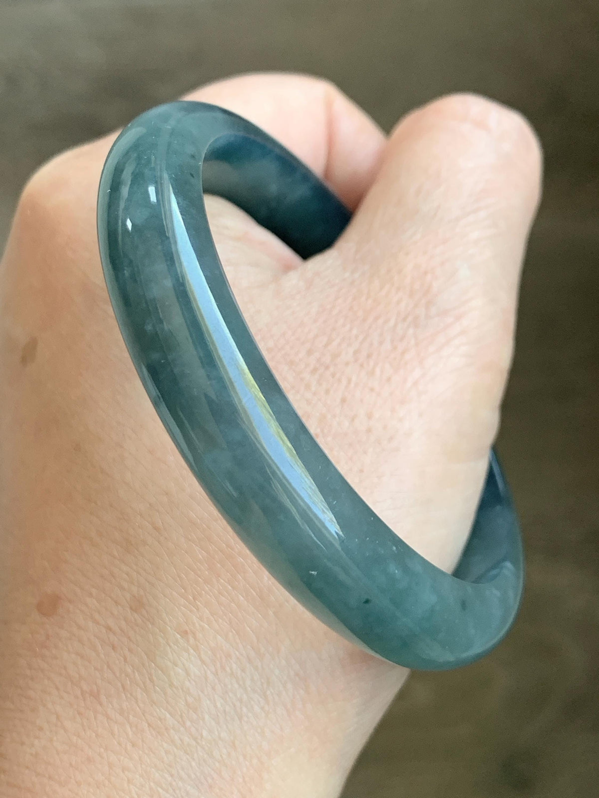 Certified Natural Grade A Guatemalan Icy Translucent Dark Dusty Aegean Blue Jade Jadeite Wide Bangle 58.58mm 7.24” 47g 天然冰危深蓝翡翠正圈宽版手镯 984