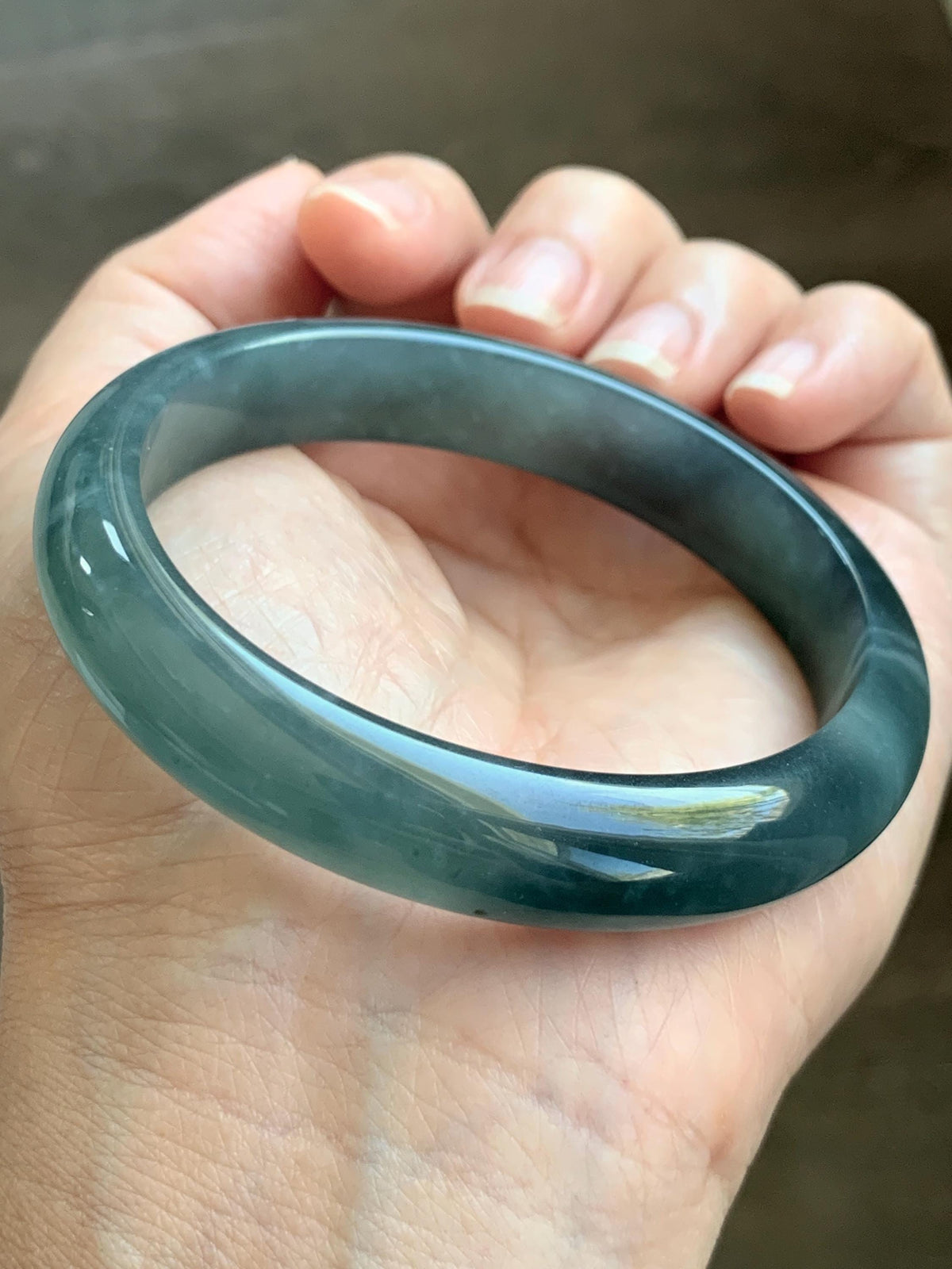 Certified Natural Grade A Guatemalan Icy Translucent Dark Dusty Aegean Blue Jade Jadeite Wide Bangle 58.58mm 7.24” 47g 天然冰危深蓝翡翠正圈宽版手镯 984