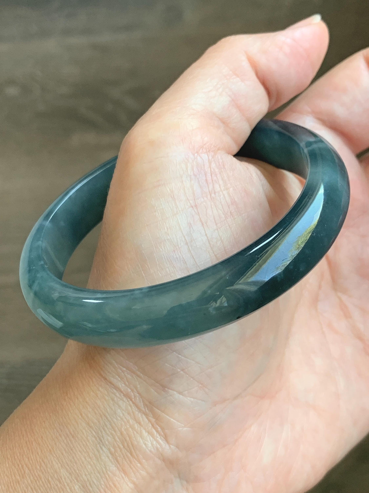 Certified Natural Grade A Guatemalan Icy Translucent Dark Dusty Aegean Blue Jade Jadeite Wide Bangle 58.58mm 7.24” 47g 天然冰危深蓝翡翠正圈宽版手镯 984