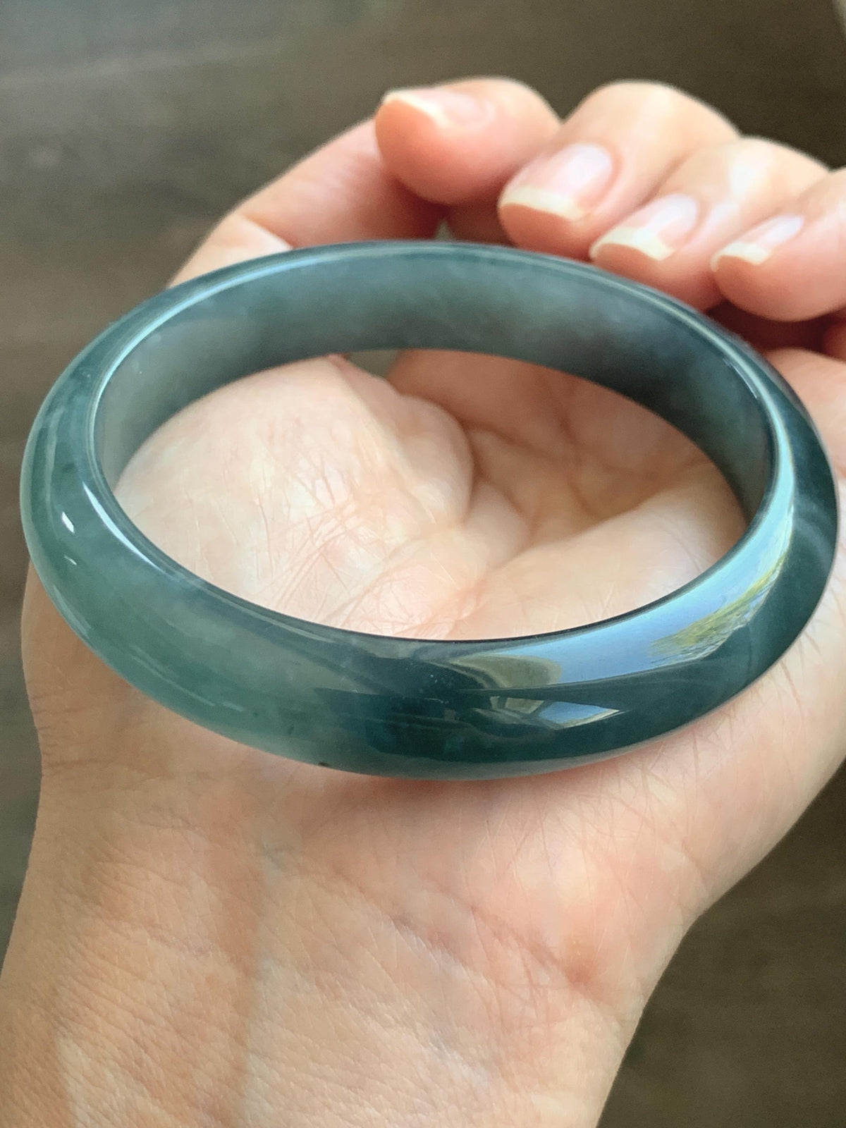 Certified Natural Grade A Guatemalan Icy Translucent Dark Dusty Aegean Blue Jade Jadeite Wide Bangle 58.58mm 7.24” 47g 天然冰危深蓝翡翠正圈宽版手镯 984