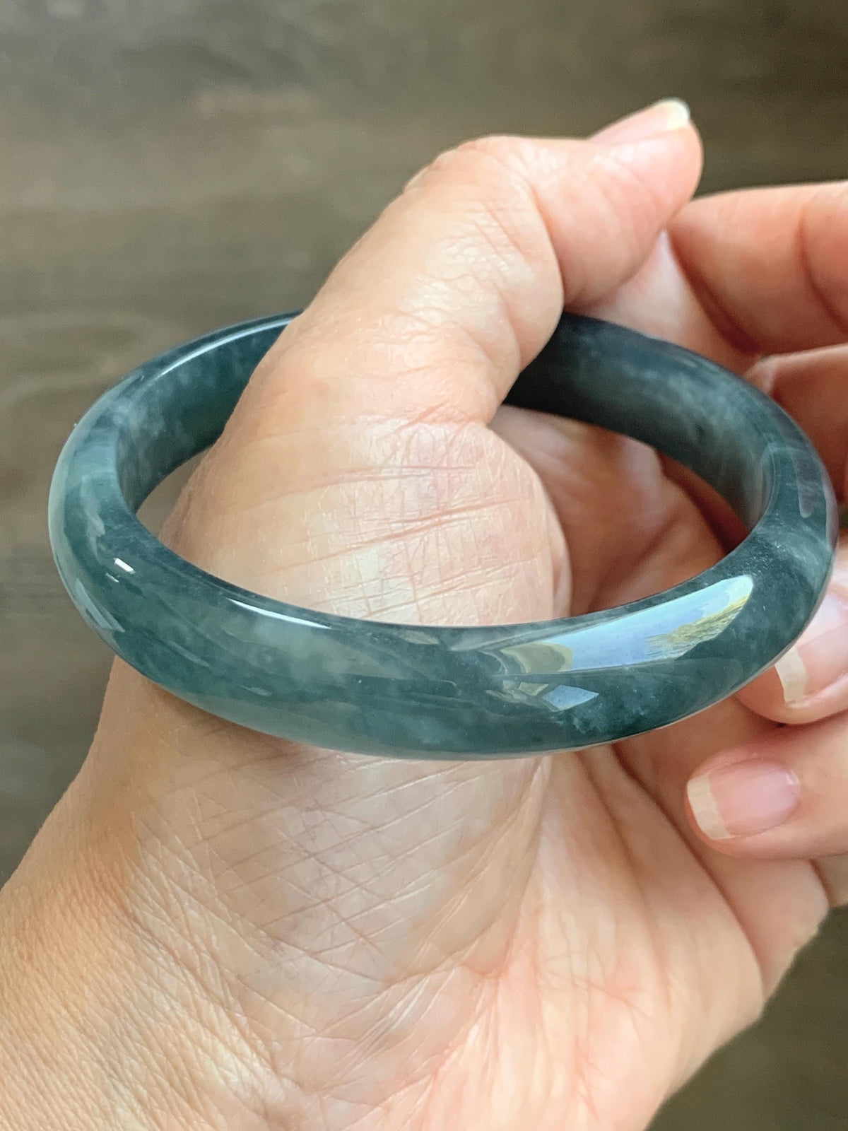 Certified Natural Grade A Guatemalan Icy Translucent Dark Dusty Aegean Blue Jade Jadeite Wide Bangle 59.3mm 7.33” 43g 天然冰危深蓝翡翠正圈宽版手镯 985