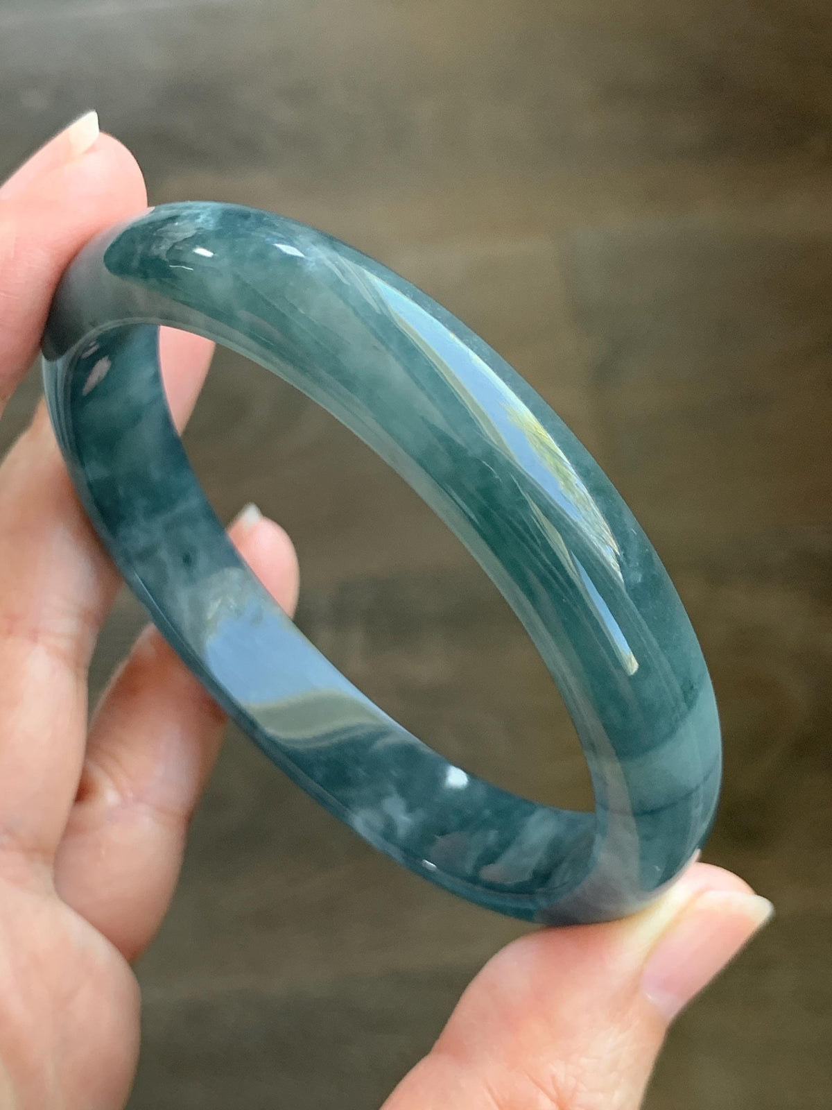 Certified Natural Grade A Guatemalan Icy Translucent Dark Dusty Aegean Blue Jade Jadeite Wide Bangle 59.3mm 7.33” 43g 天然冰危深蓝翡翠正圈宽版手镯 985