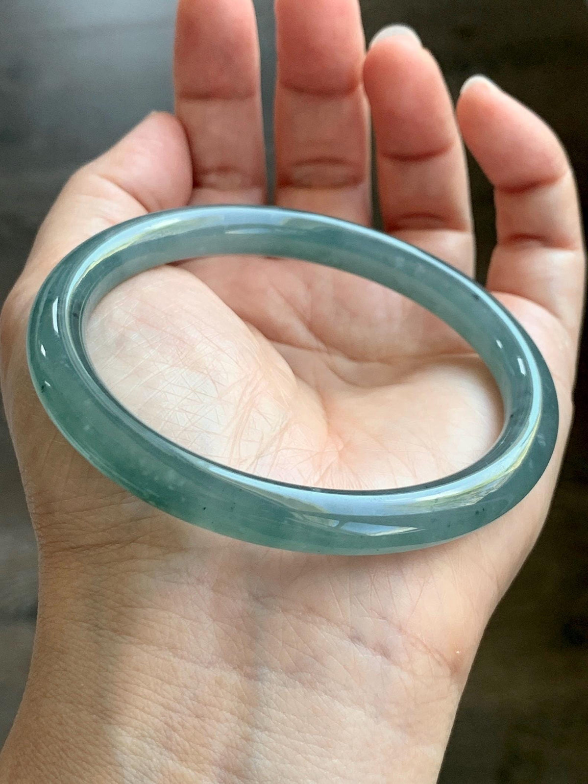 Certified Natural Grade A Guatemalan Icy Translucent Dusty Teal Green Jade Jadeite Bangle Bracelet 60mm 7.42” 35g 天然冰危蓝绿翡翠圆条手镯 949