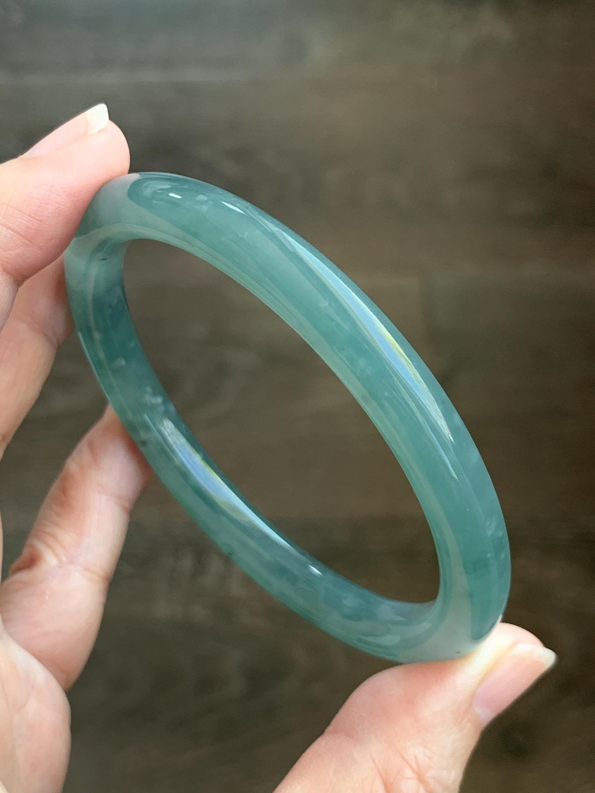 Certified Natural Grade A Guatemalan Icy Translucent Dusty Teal Green Jade Jadeite Bangle Bracelet 60mm 7.42” 35g 天然冰危蓝绿翡翠圆条手镯 949