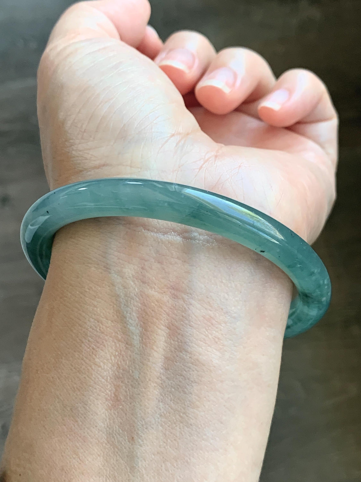Certified Natural Grade A Guatemalan Icy Translucent Dusty Teal Green Jade Jadeite Bangle Bracelet 60mm 7.42” 35g 天然冰危蓝绿翡翠圆条手镯 949