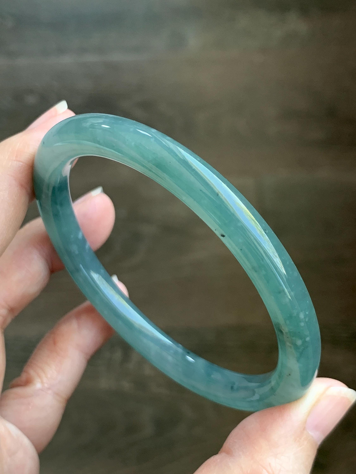Certified Natural Grade A Guatemalan Icy Translucent Dusty Teal Green Jade Jadeite Bangle Bracelet 60mm 7.42” 35g 天然冰危蓝绿翡翠圆条手镯 949