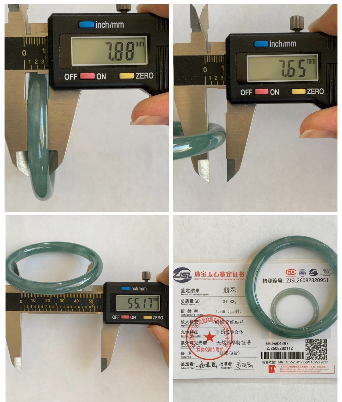 Certified Natural Grade A Guatemalan Icy Translucent Dusty Teal Green Jade Jadeite Bangle Bracelet 55.17mm 6.8” 32g 天然冰危蓝绿翡翠圆条手镯 951