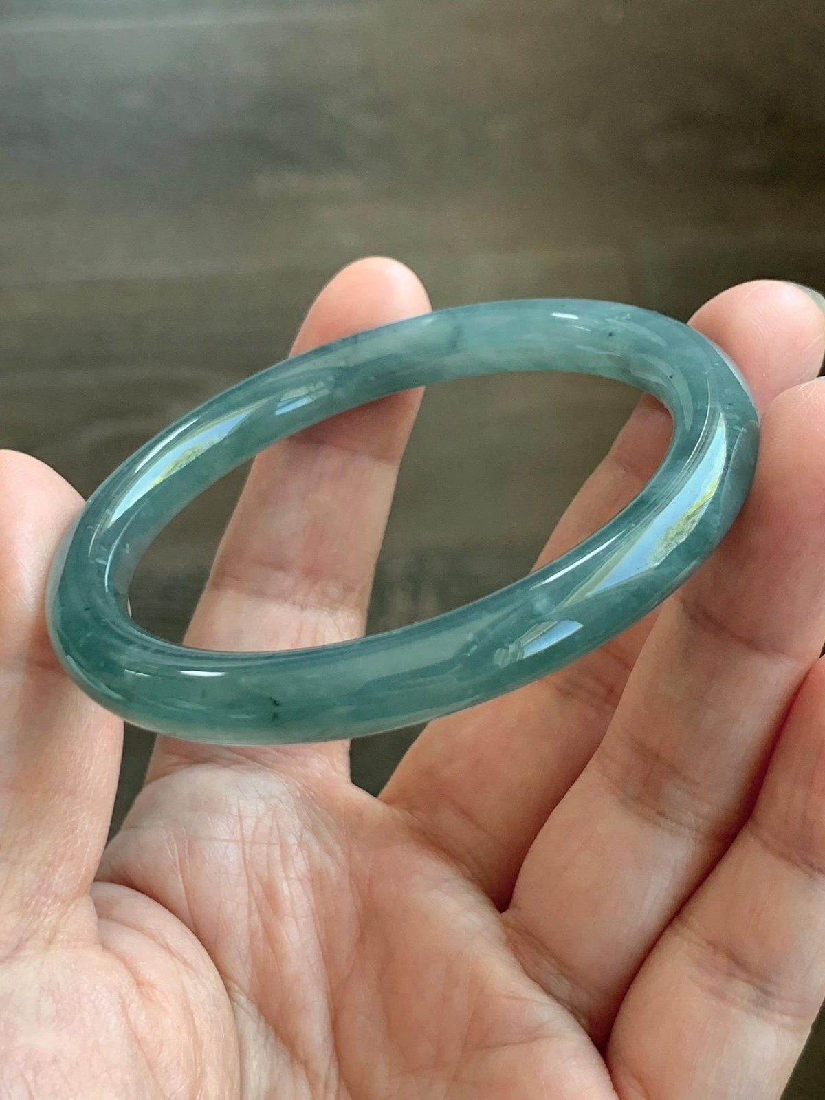 Certified Natural Grade A Guatemalan Icy Translucent Dusty Teal Green Jade Jadeite Bangle Bracelet 55.17mm 6.8” 32g 天然冰危蓝绿翡翠圆条手镯 951