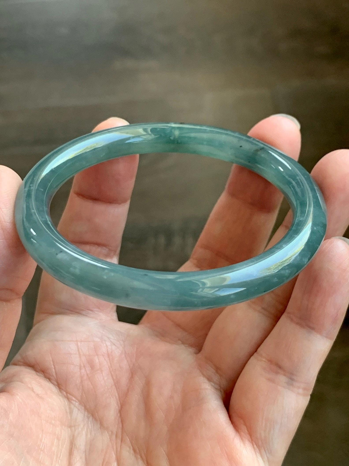 Certified Natural Grade A Guatemalan Icy Translucent Dusty Teal Green Jade Jadeite Bangle Bracelet 55.17mm 6.8” 32g 天然冰危蓝绿翡翠圆条手镯 951