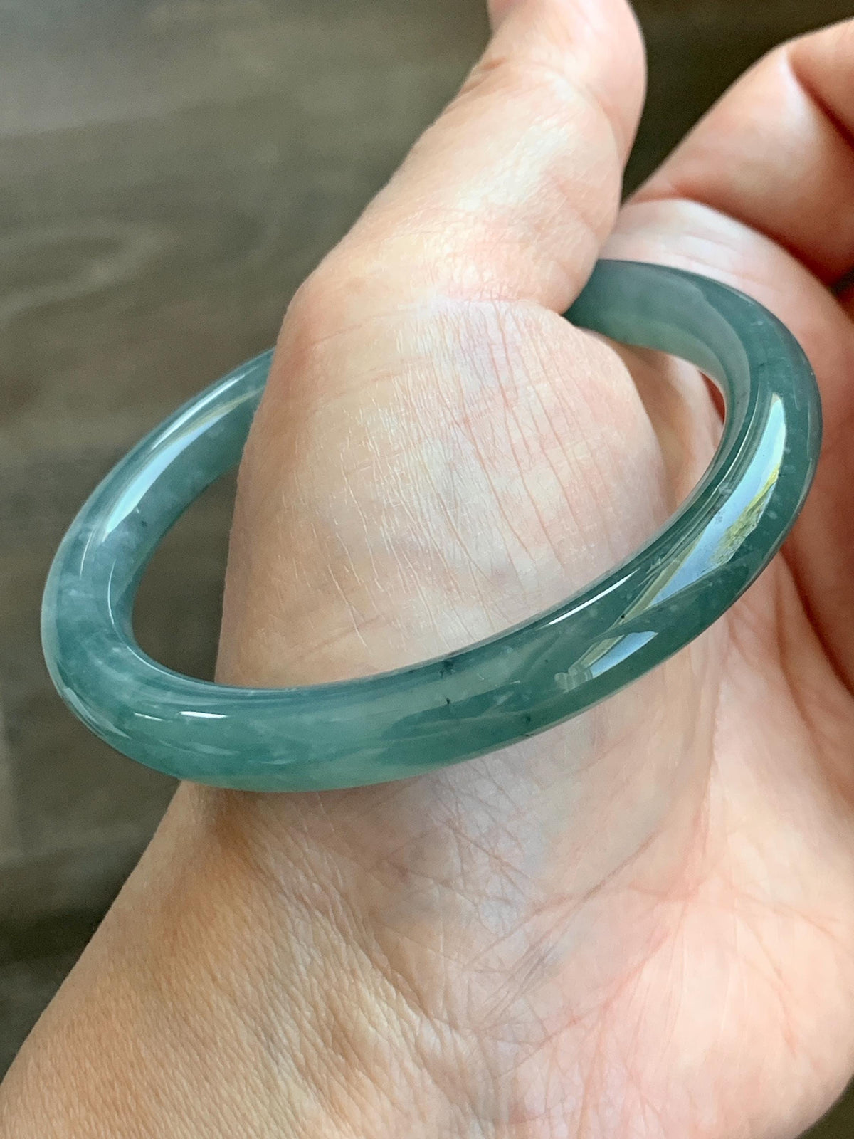 Certified Natural Grade A Guatemalan Icy Translucent Dusty Teal Green Jade Jadeite Bangle Bracelet 55.17mm 6.8” 32g 天然冰危蓝绿翡翠圆条手镯 951