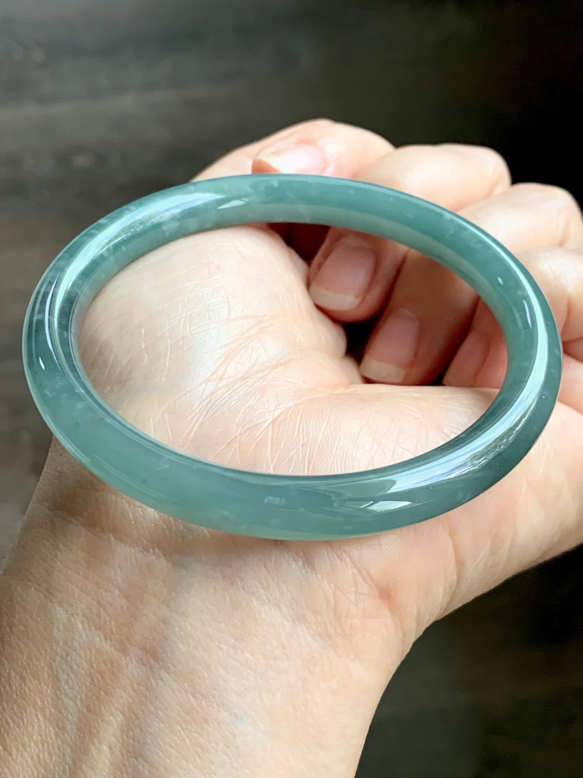 Certified Natural Grade A Guatemalan Icy Translucent Dusty Teal Green Jade Jadeite Bangle Bracelet 59mm 7.29” 33g 天然冰危蓝绿翡翠圆条手镯 930