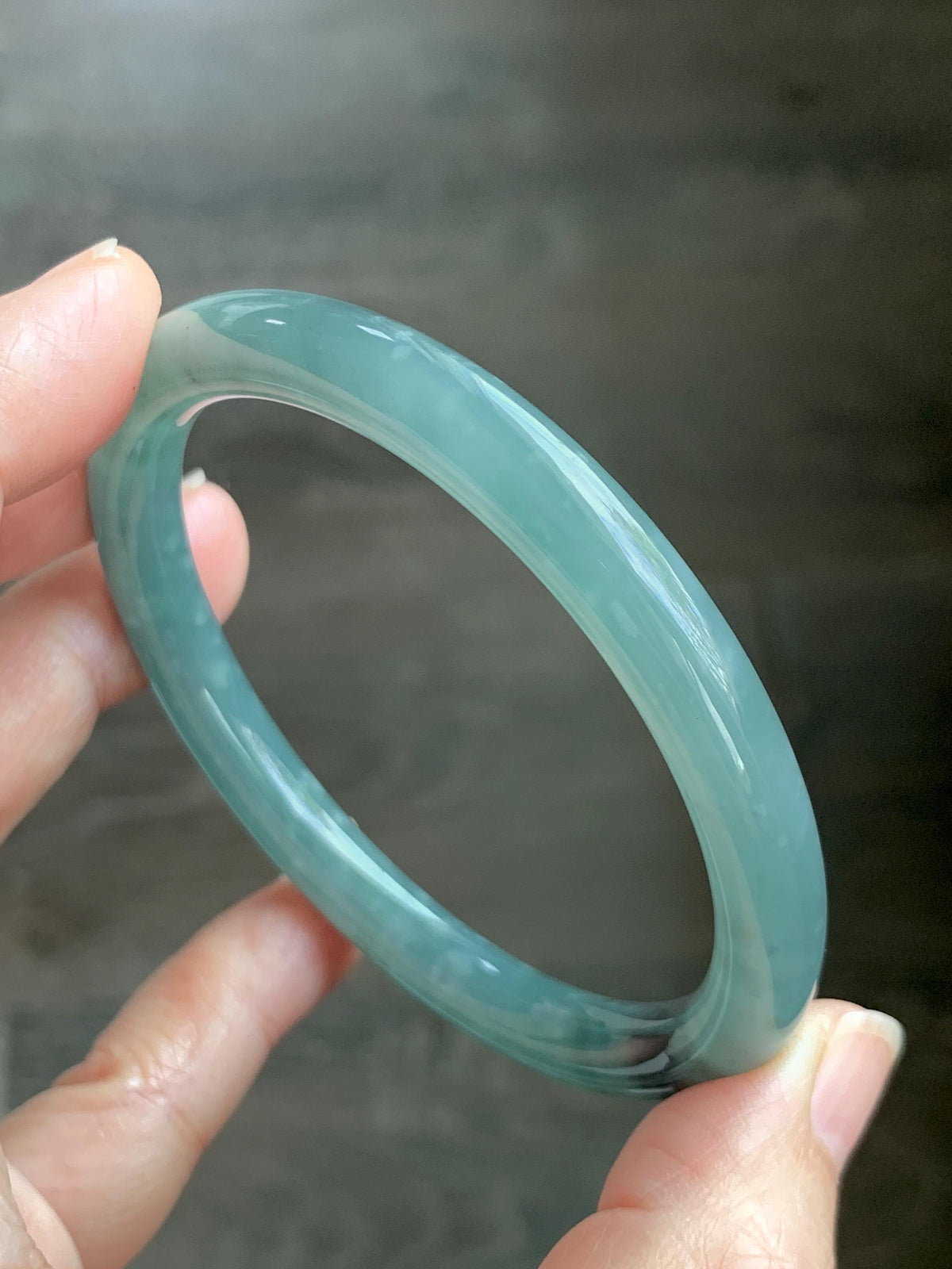 Certified Natural Grade A Guatemalan Icy Translucent Dusty Teal Green Jade Jadeite Bangle Bracelet 59mm 7.29” 33g 天然冰危蓝绿翡翠圆条手镯 930