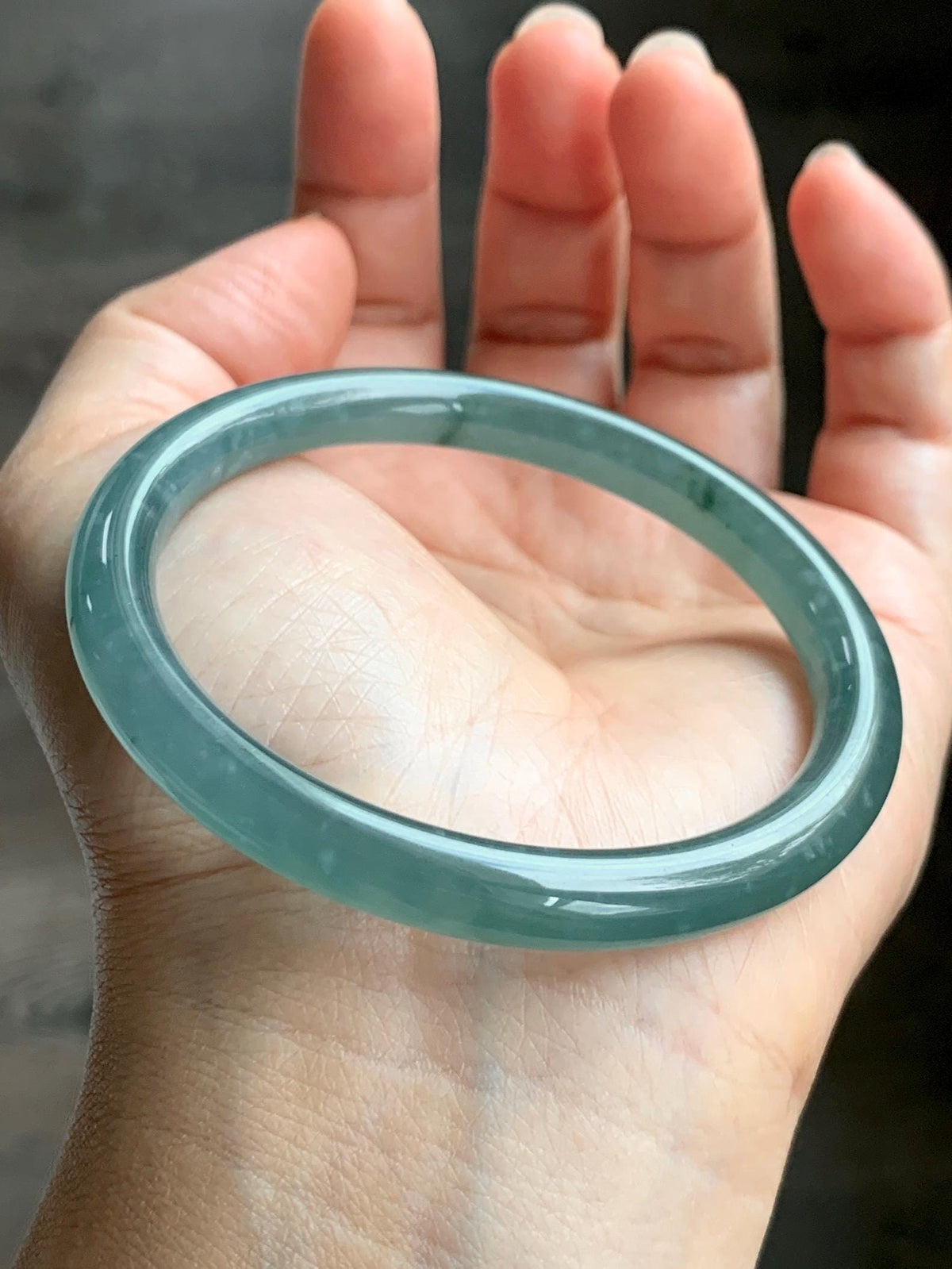 Certified Natural Grade A Guatemalan Icy Translucent Dusty Teal Green Jade Jadeite Bangle Bracelet 56mm 6.93” 27g 天然冰危蓝绿翡翠圆条手镯 950