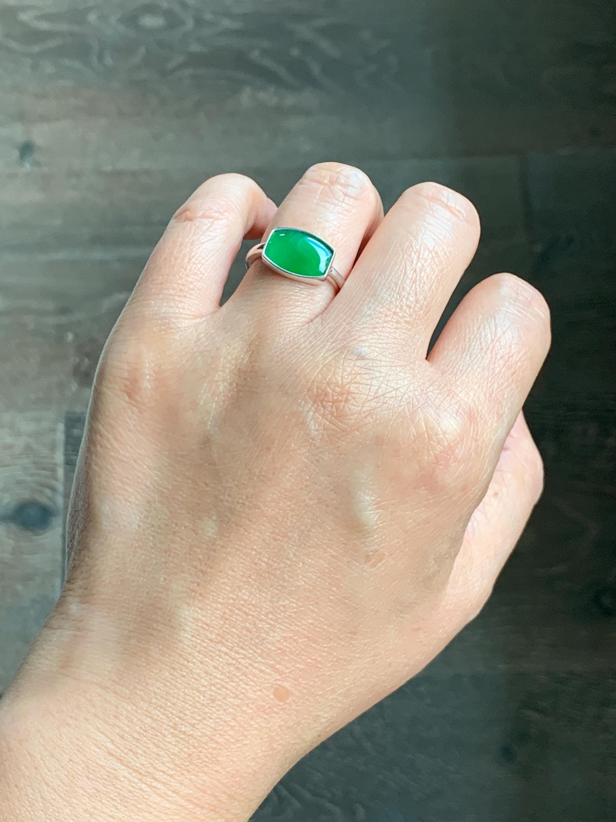 Certified Natural Grade A Guatemalan Icy Translucent Vibrant Green Jade Jadeite Ring Sterling Silver 3.56g size 7.25 US 天然冰危绿翡翠镶嵌戒指 1035